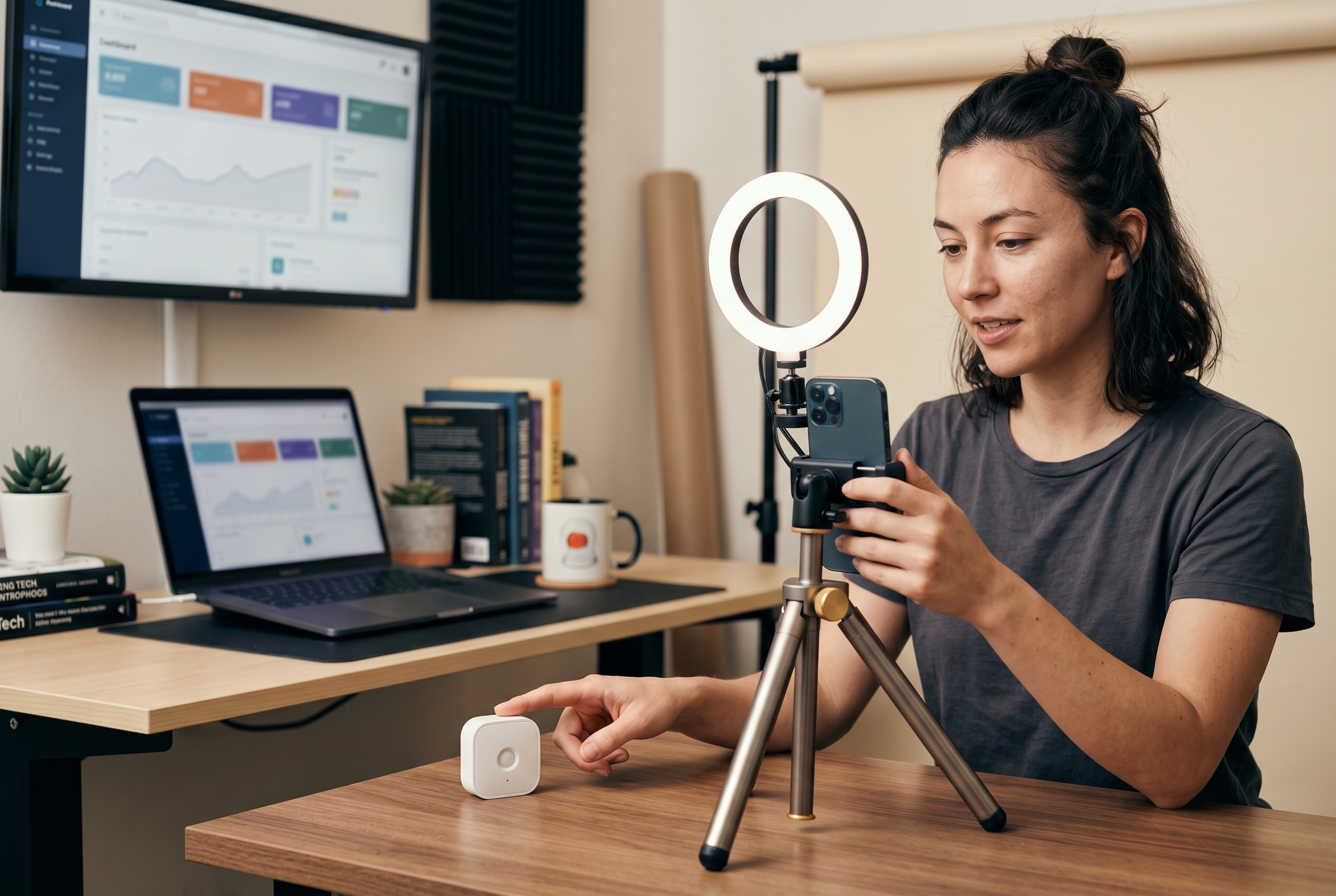 Young entrepreneur filming a short product demo video on a phone propped on a tripod with ring light in a small studio