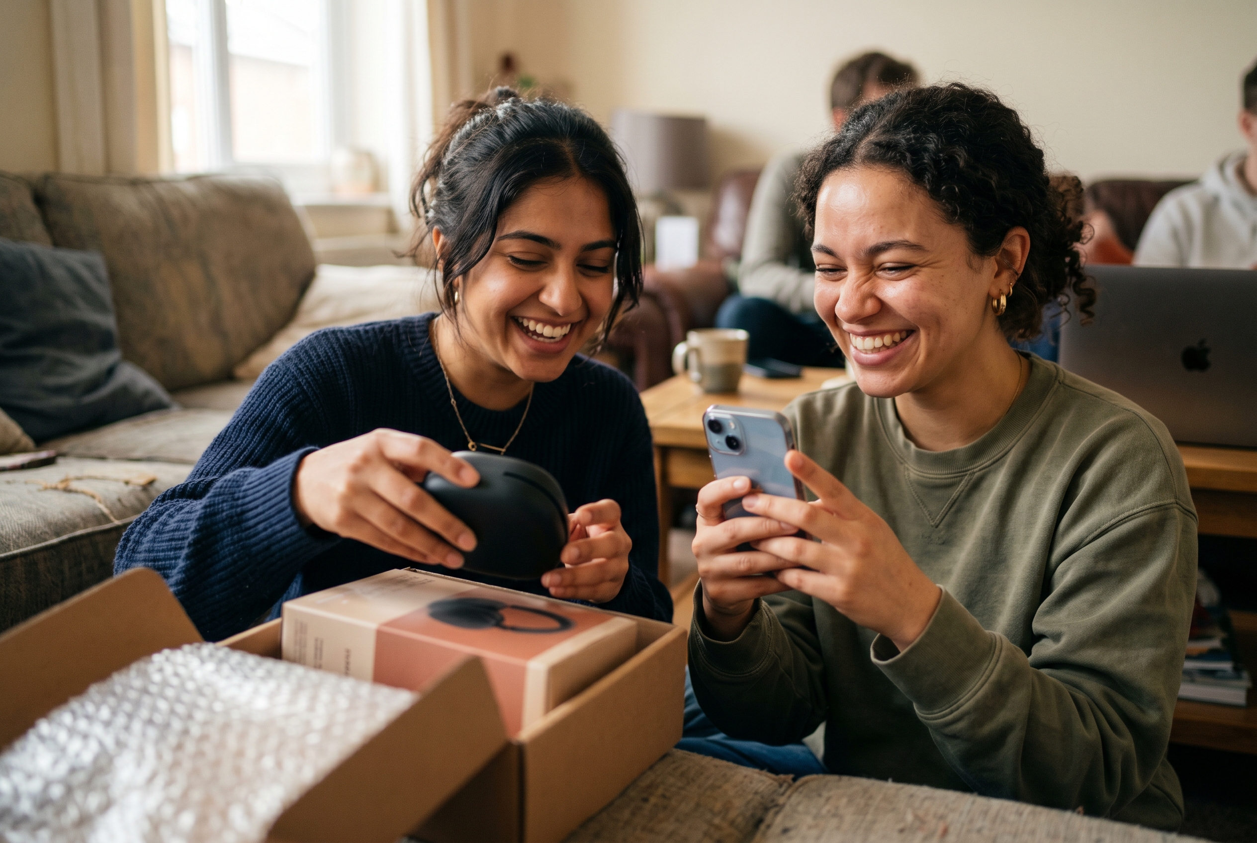Two friends unboxing a product together on a couch and reacting happily while one holds up a phone to take a photo