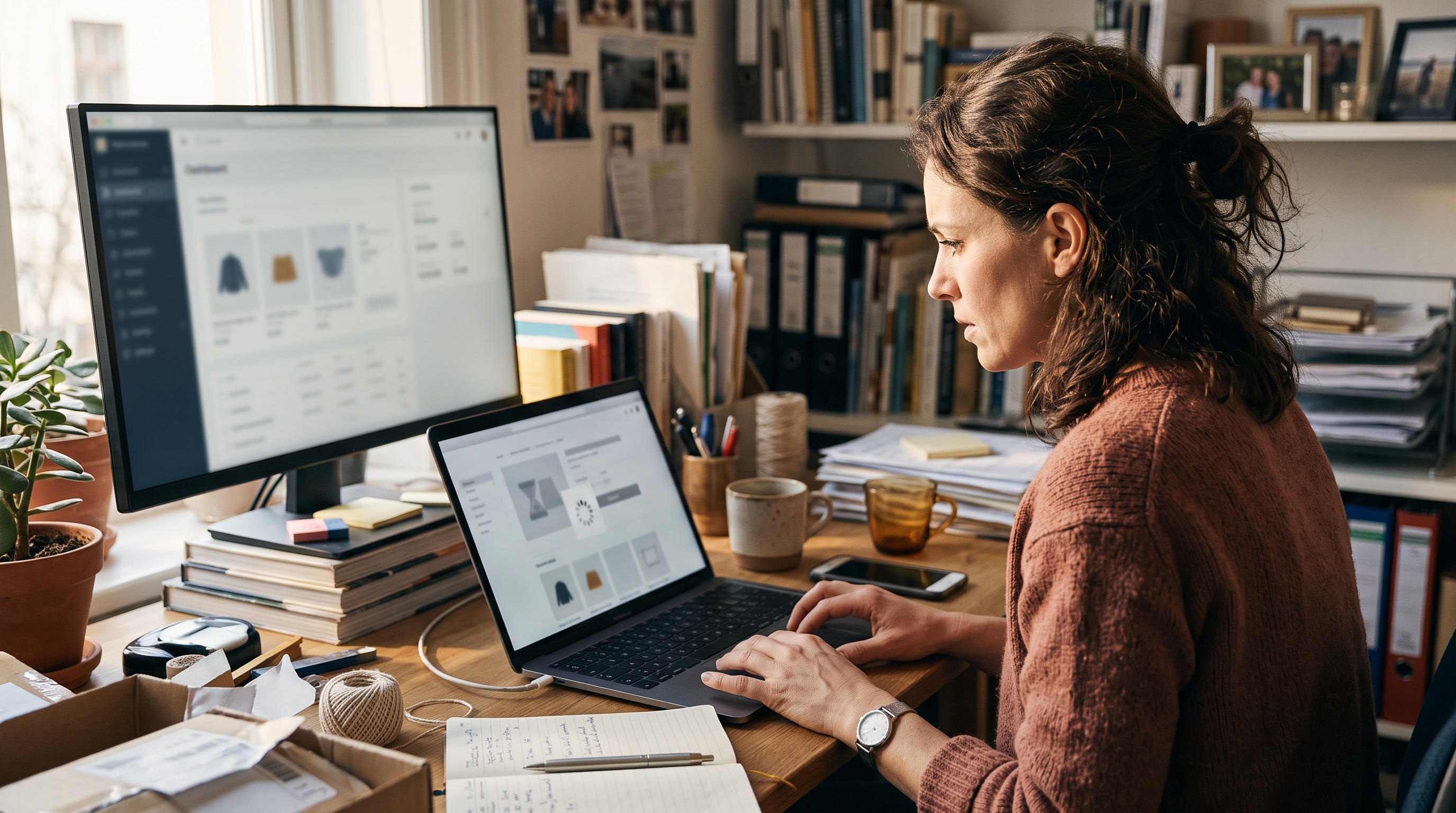 Store owner reviewing a slow-loading product page on a laptop at a cluttered home office desk in morning light