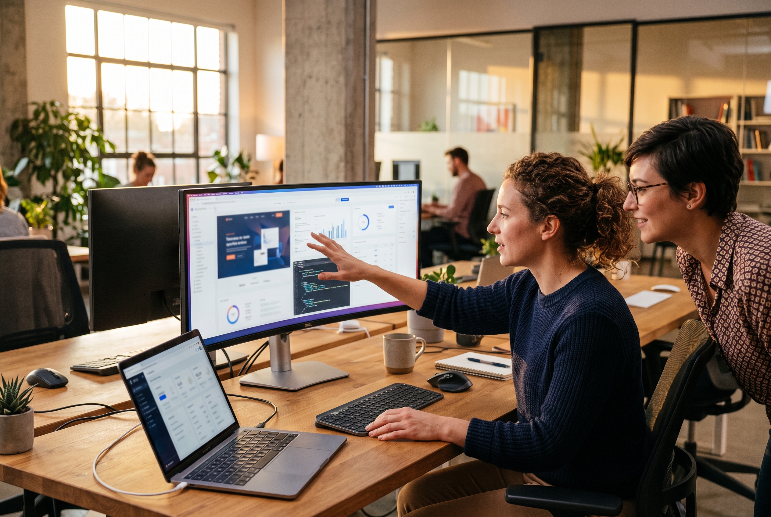 Two developers comparing a website on a wide monitor in a modern office at golden hour