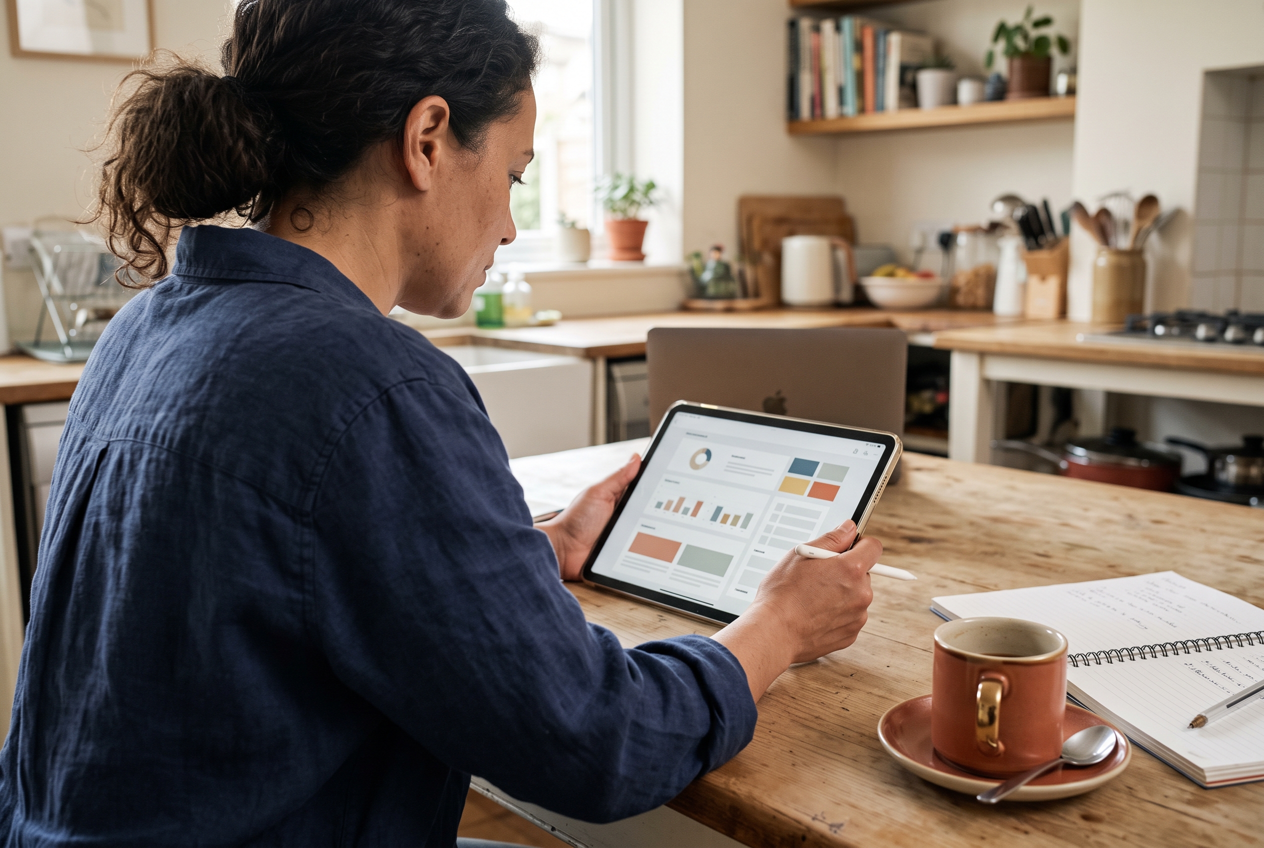 Small business owner reviewing a project quote on a tablet next to a coffee cup and notebook at a kitchen table