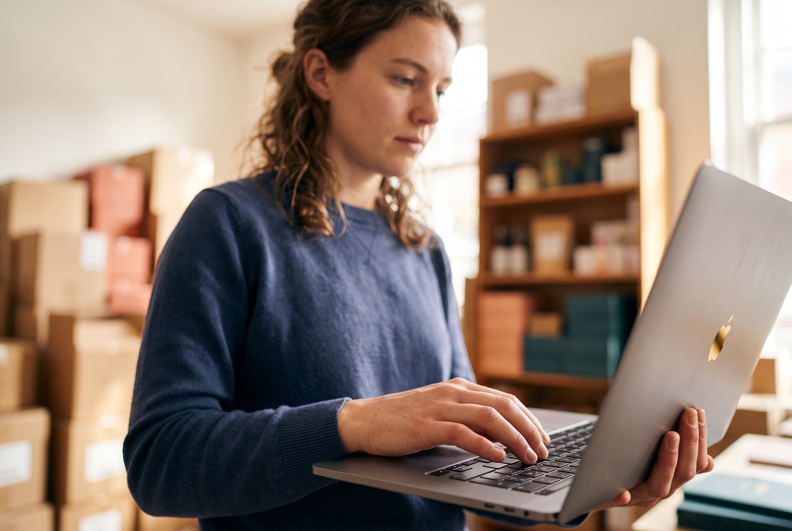 Founder typing a request into a chat window on a laptop while standing in a bright product studio with shelves of inventory