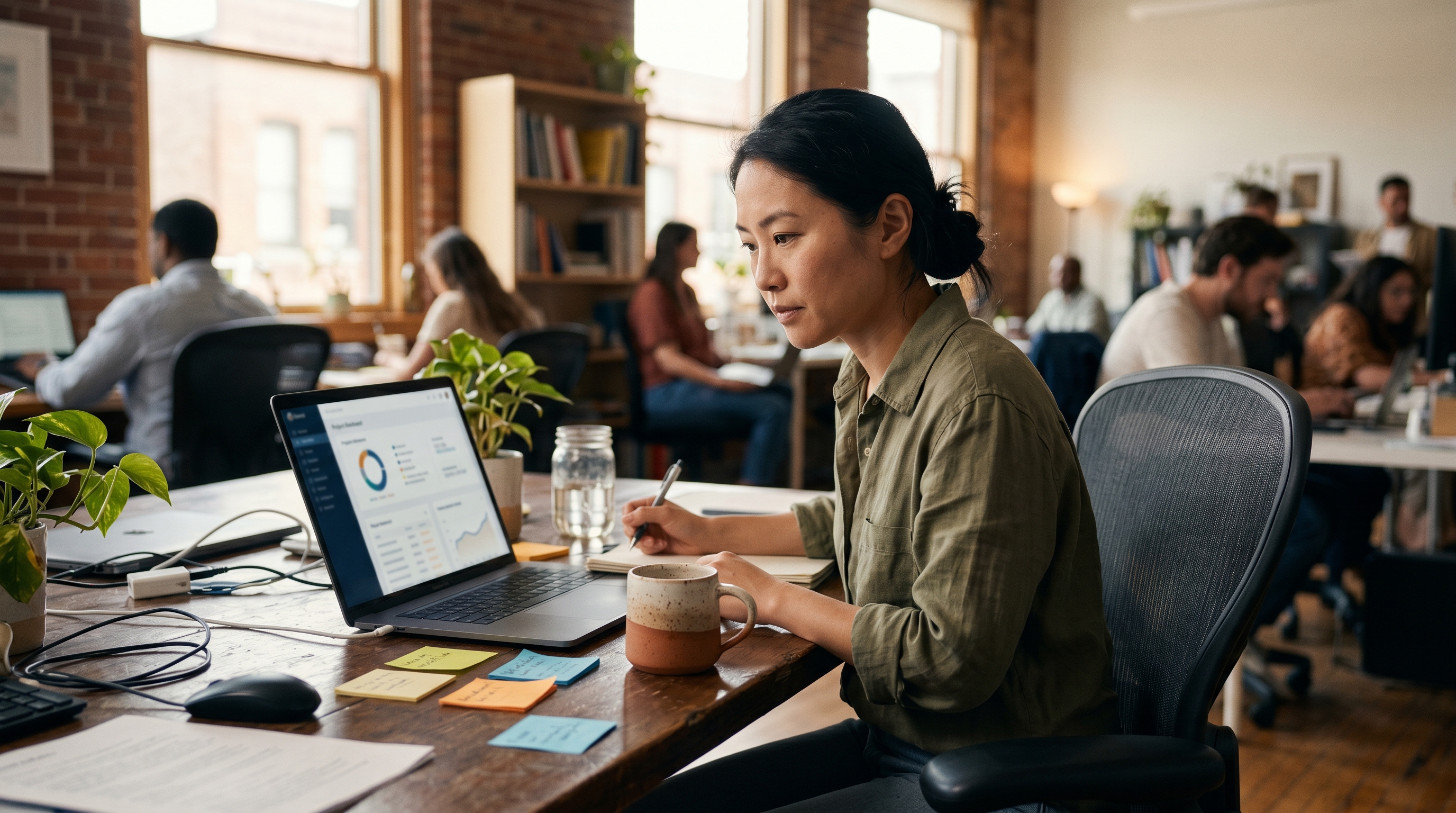 Small business owner sitting at a desk reviewing developer proposals on a laptop with sticky notes and a coffee mug