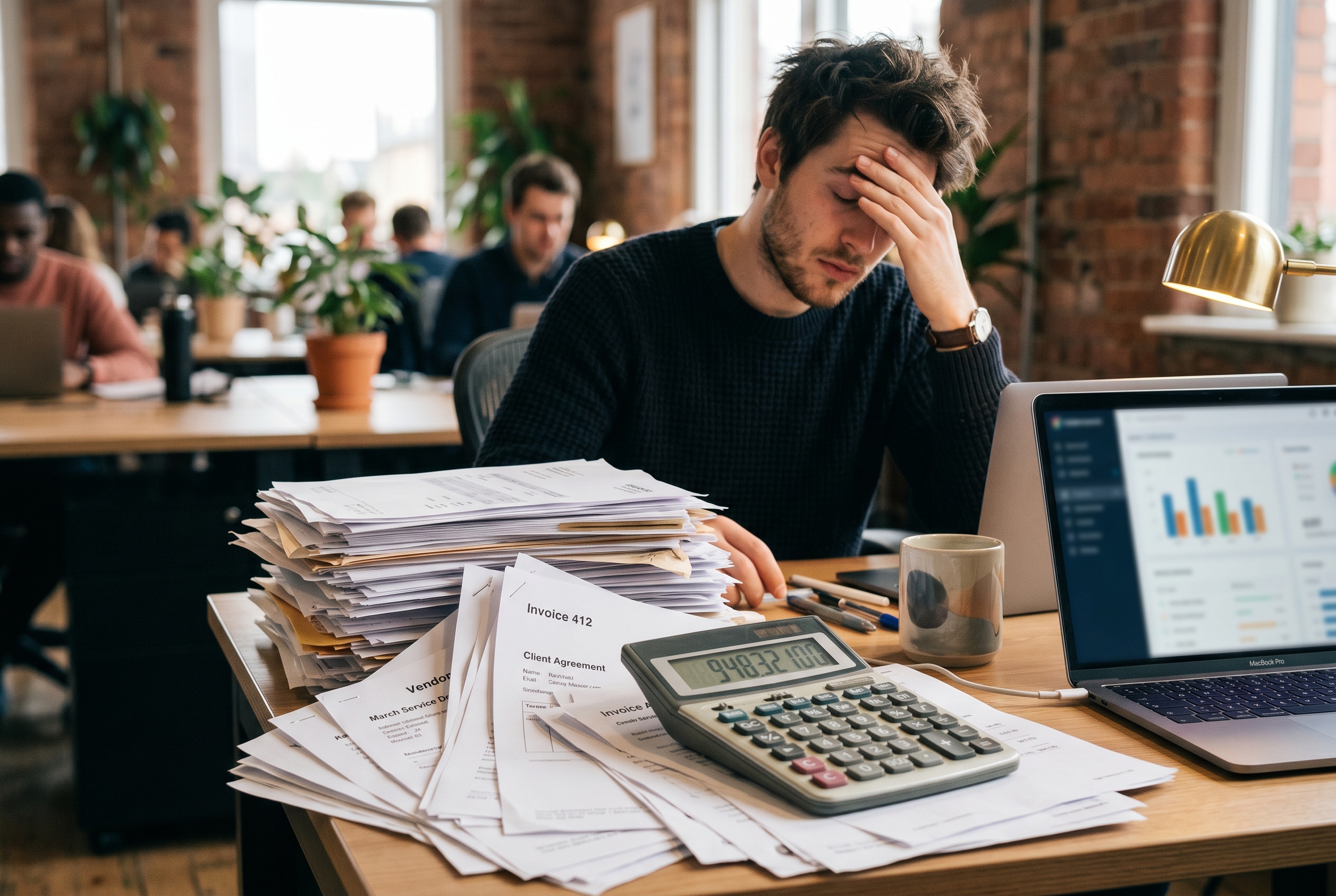 Stack of invoices and contracts piling up on a desk with a calculator showing a large total and a stressed founder in the background