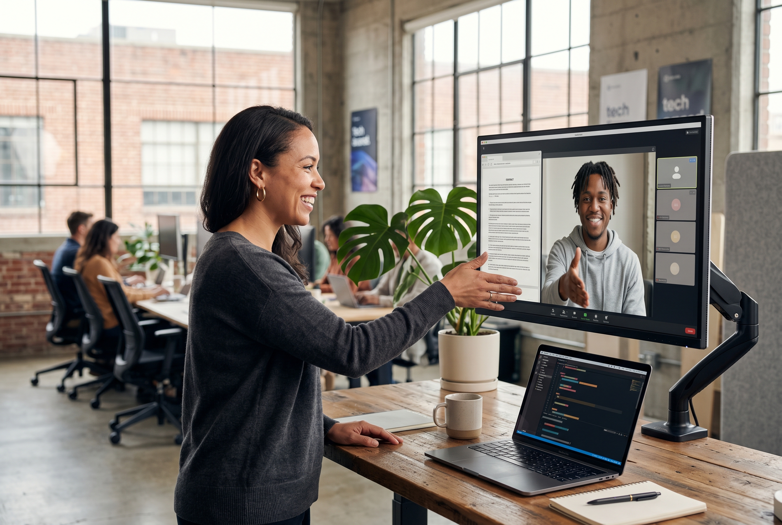 Founder shaking hands with a remote developer over a video call on a large monitor with a contract document visible on screen