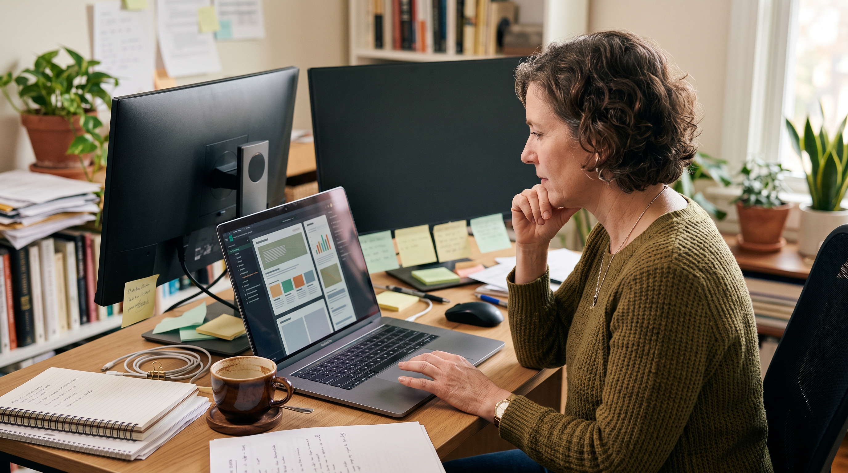 Store owner reviewing a half-finished theme layout on a laptop at a cluttered desk with coffee and sticky notes