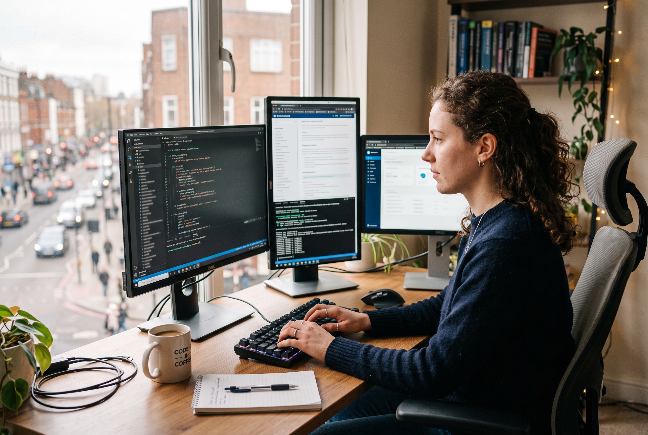 Freelance developer typing code on a dual-monitor setup in a home office with a window overlooking a city street