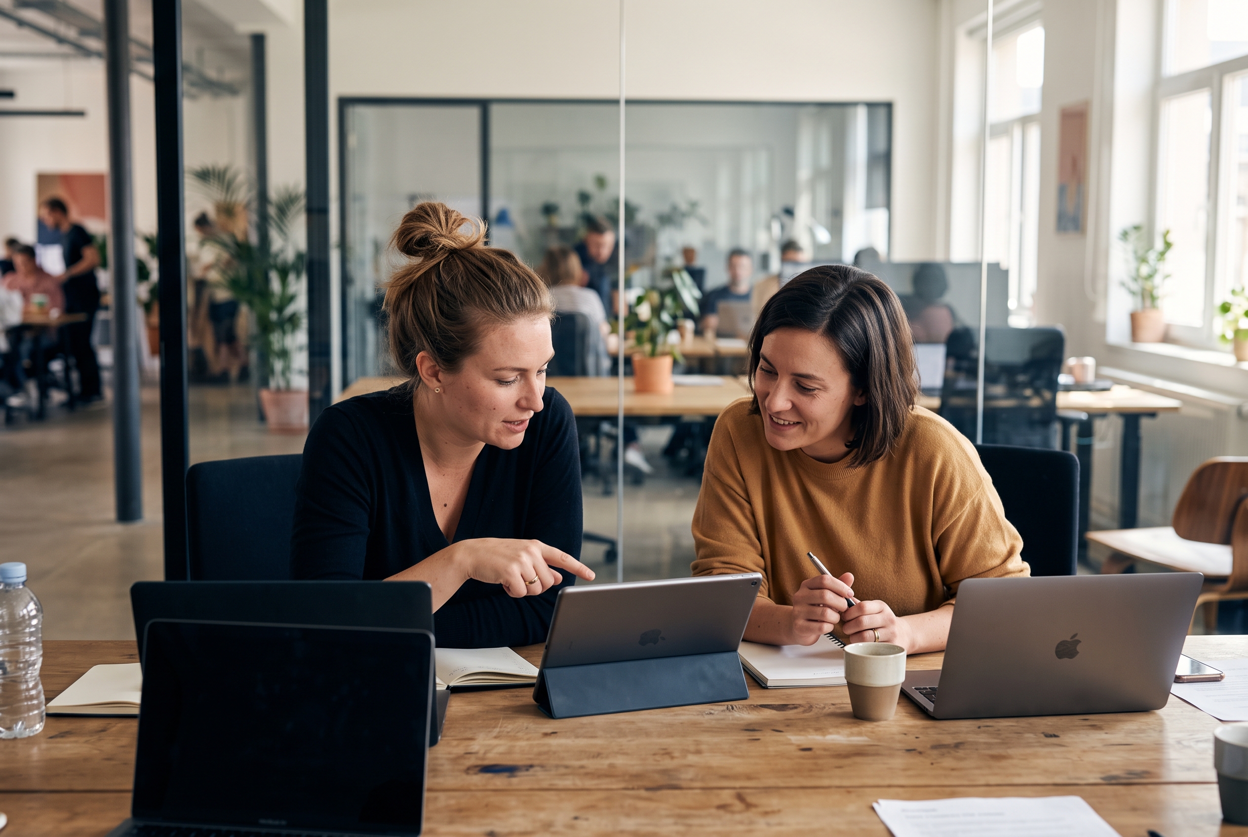 Two team members comparing developer quotes on a tablet across a meeting table in a bright office