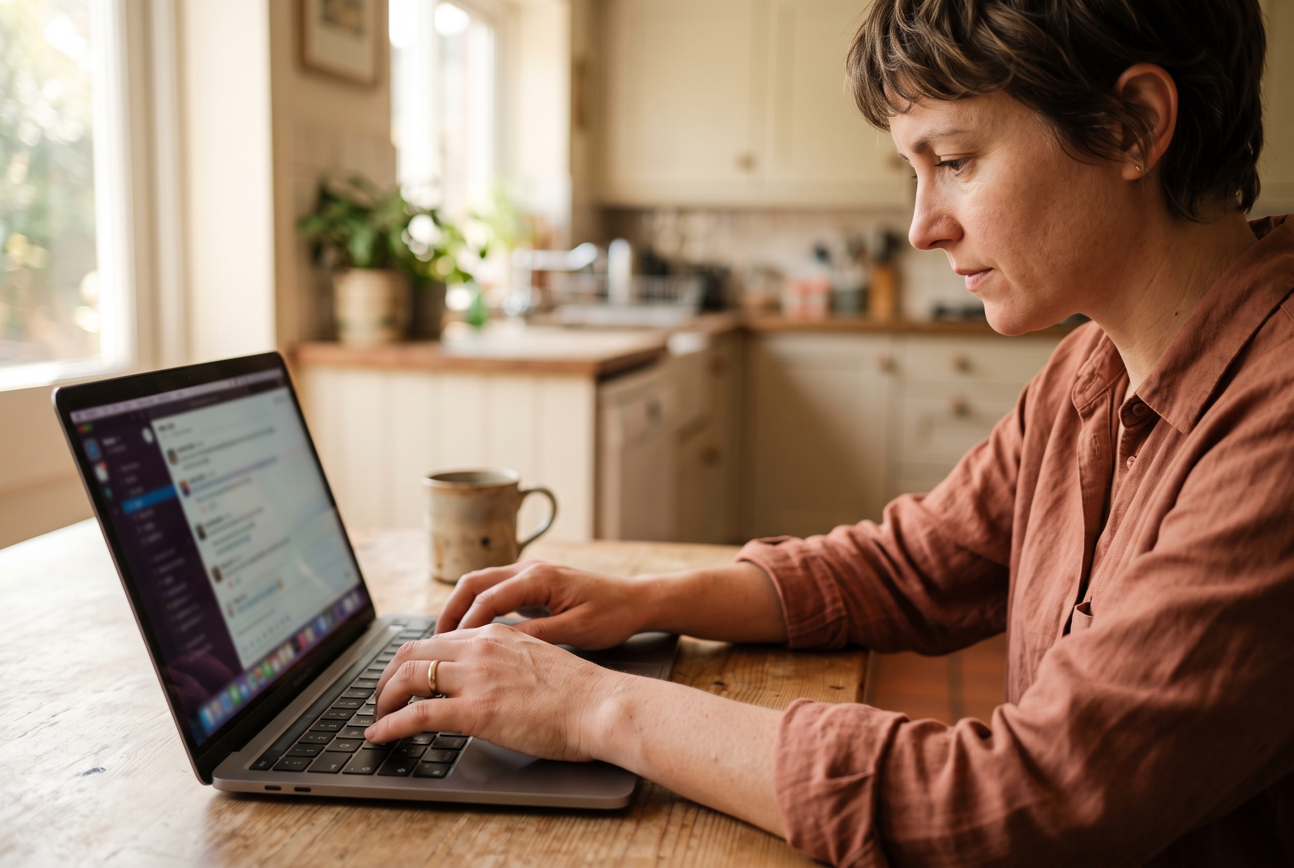 Small business owner describing a layout change by typing into a chat window on a laptop in a sunlit kitchen