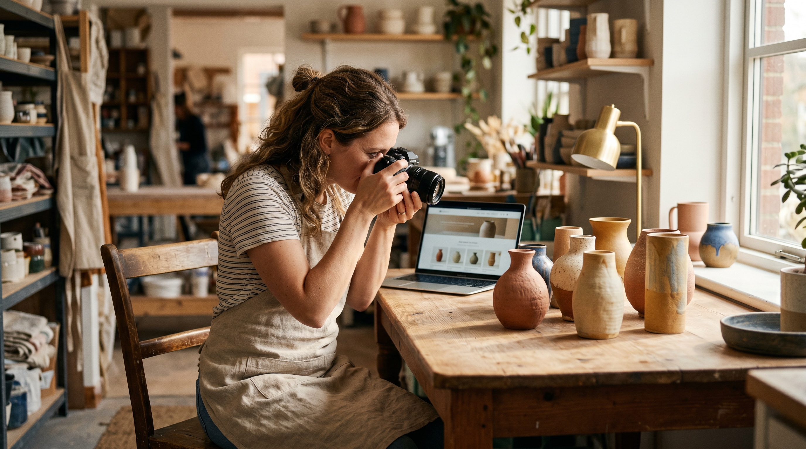 Home decor shop owner photographing handmade ceramic vases on a sunlit wooden table next to a laptop showing her new online store