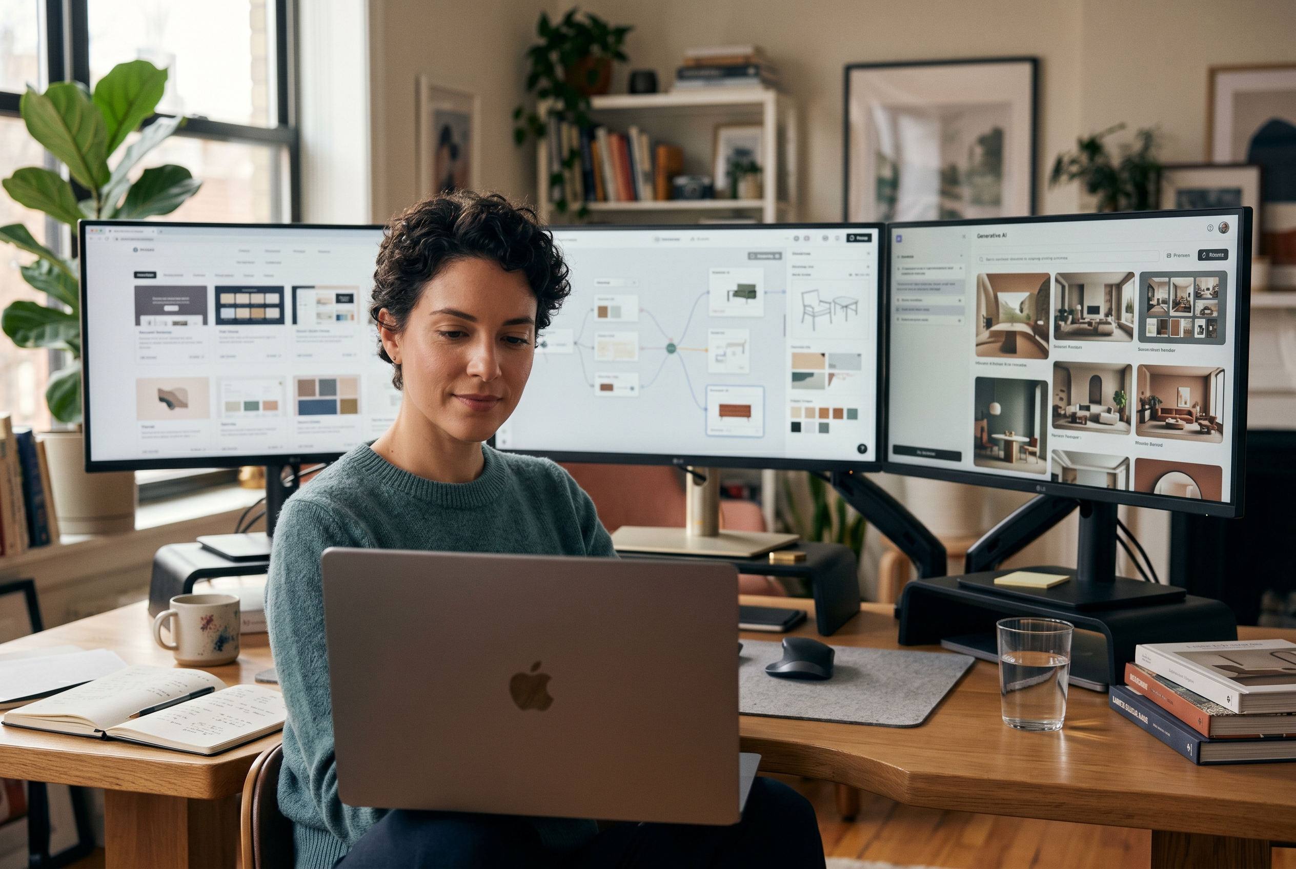 Three different home decor websites displayed on floating screens above a designer's desk showing template, custom, and AI-generated approaches side by side
