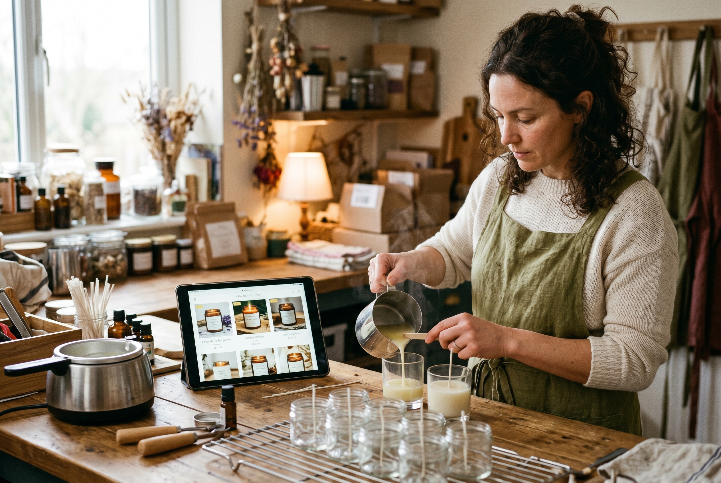 Candle maker pouring soy wax into glass jars in a warm studio with a tablet nearby showing her freshly generated online store with product photos