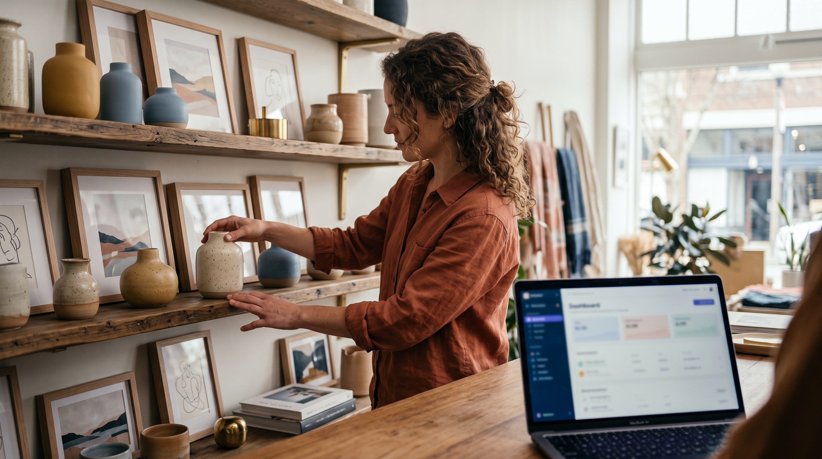 Home decor shop owner arranging ceramic vases and framed prints on a shelf while checking a laptop on the counter