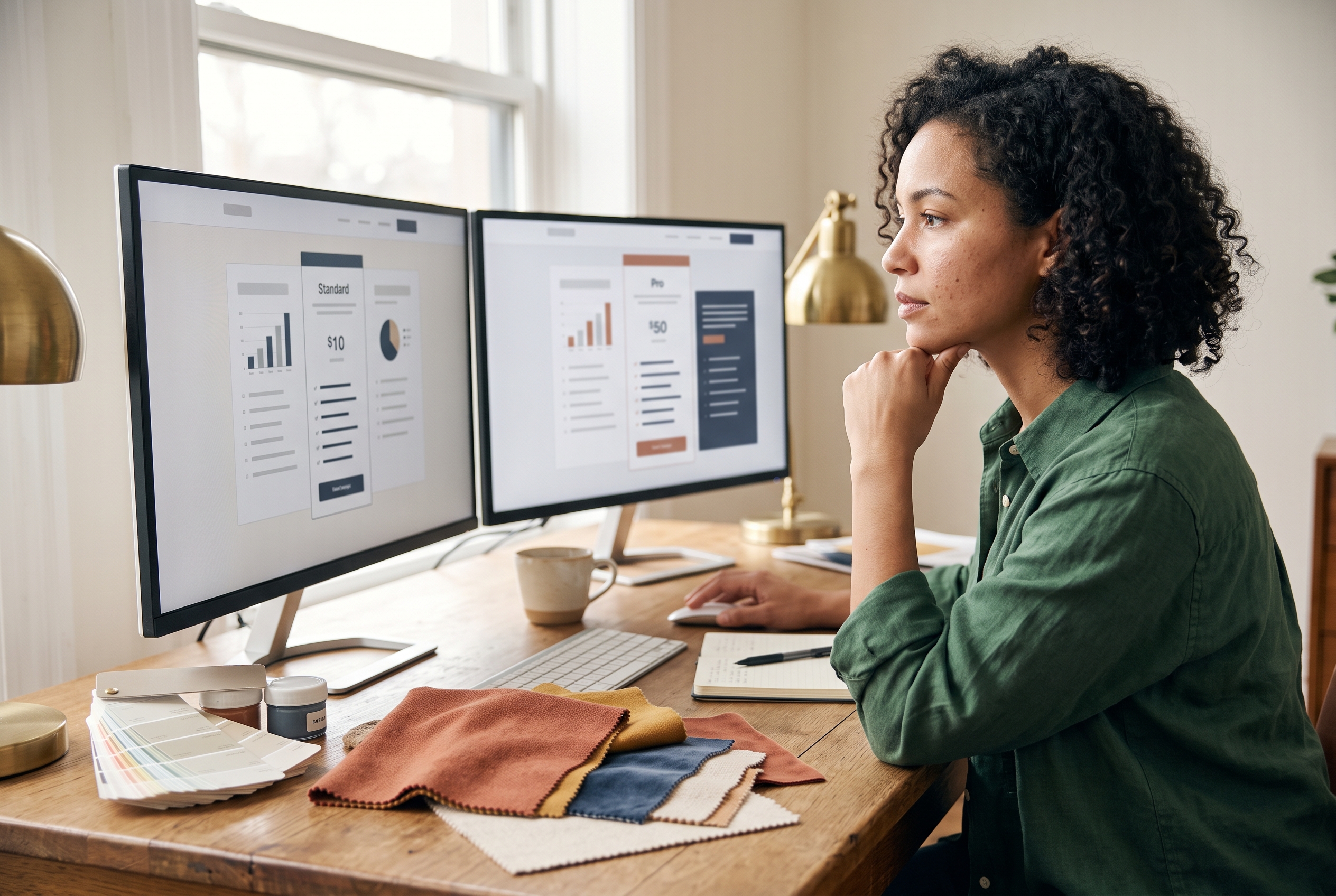 Small business owner comparing pricing pages on two monitors at a wooden desk surrounded by fabric swatches and paint samples