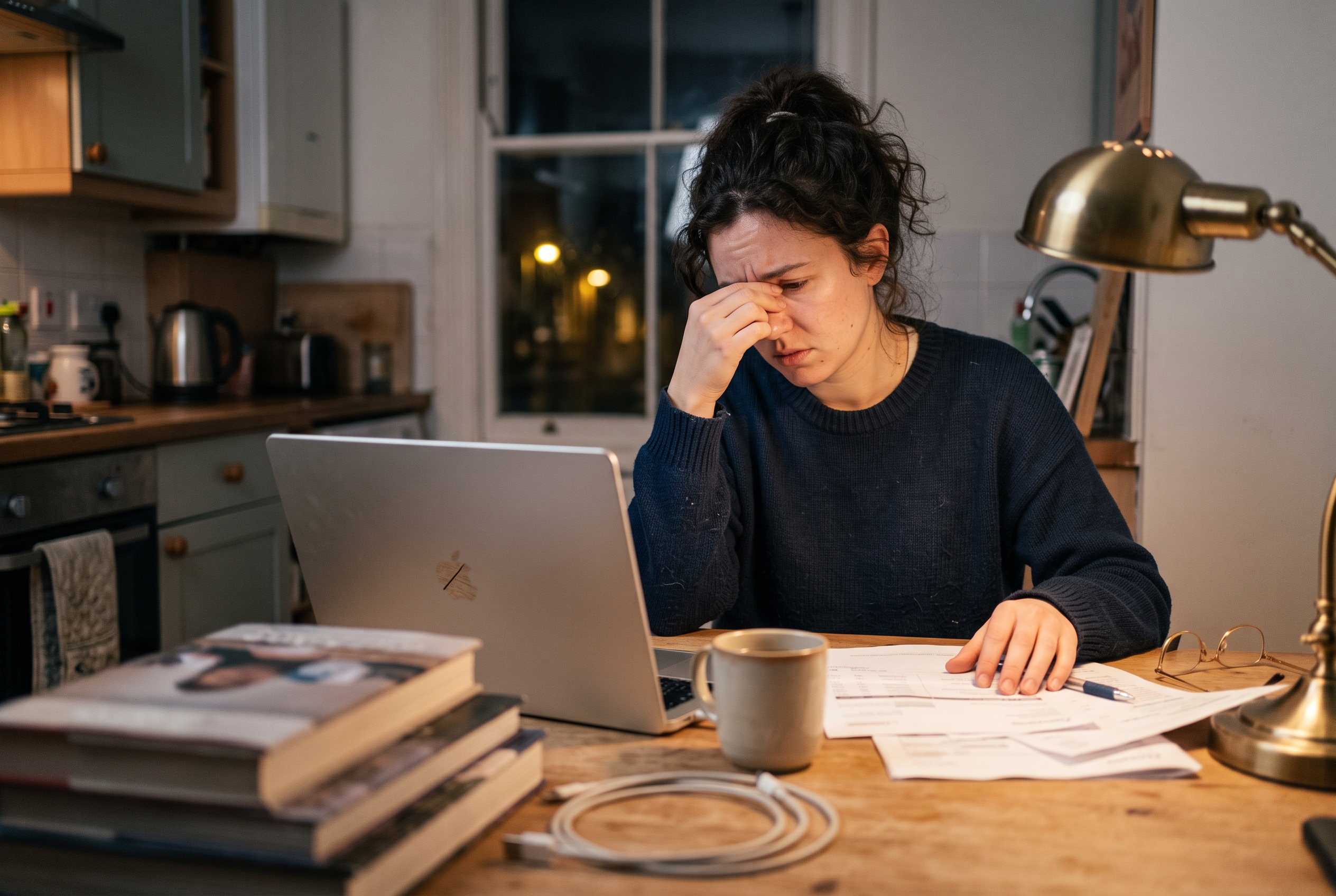 Frustrated founder reviewing a stack of app subscription invoices at a kitchen table late in the evening