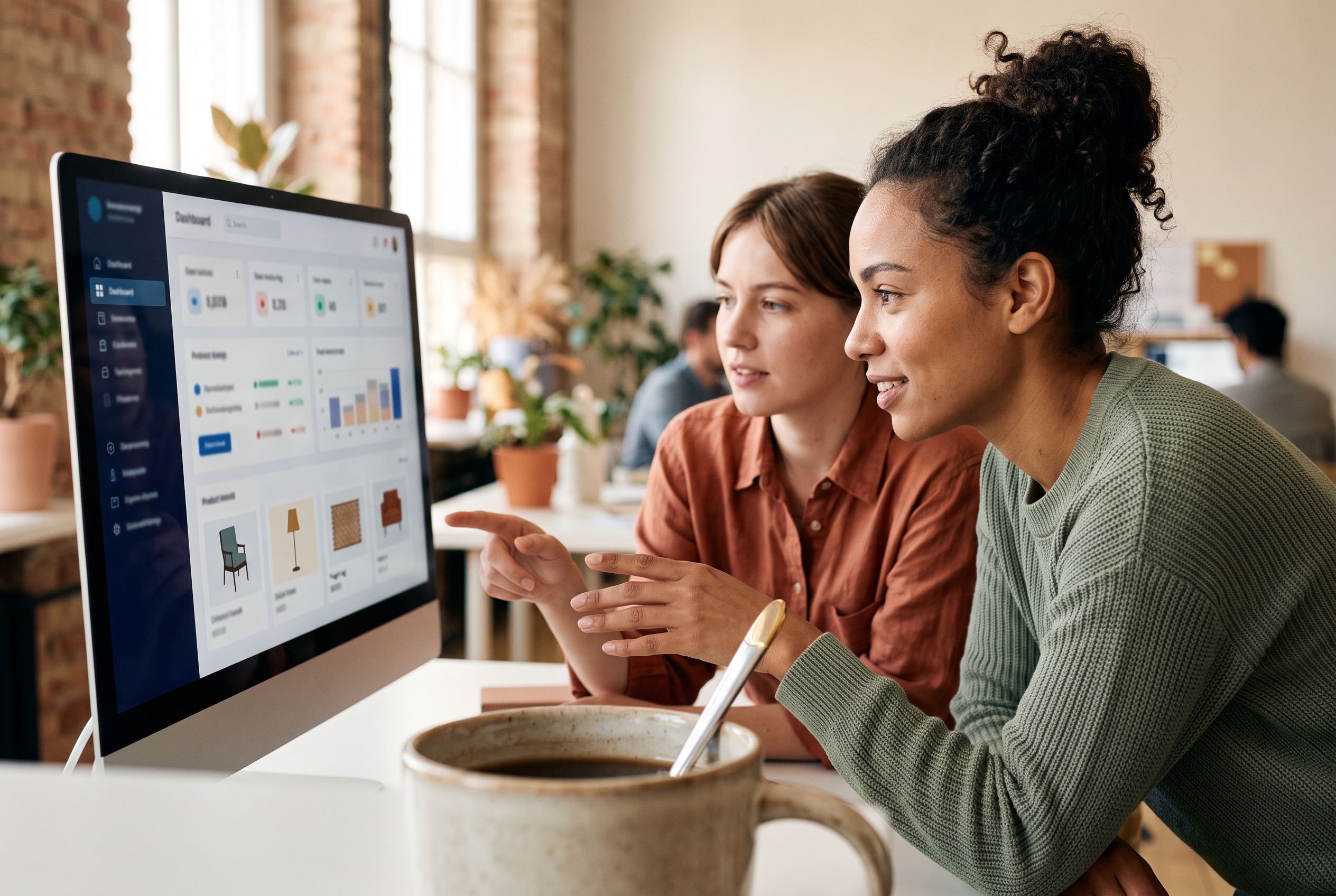 Two colleagues reviewing a fast-loading home decor storefront on a large monitor in a bright modern office