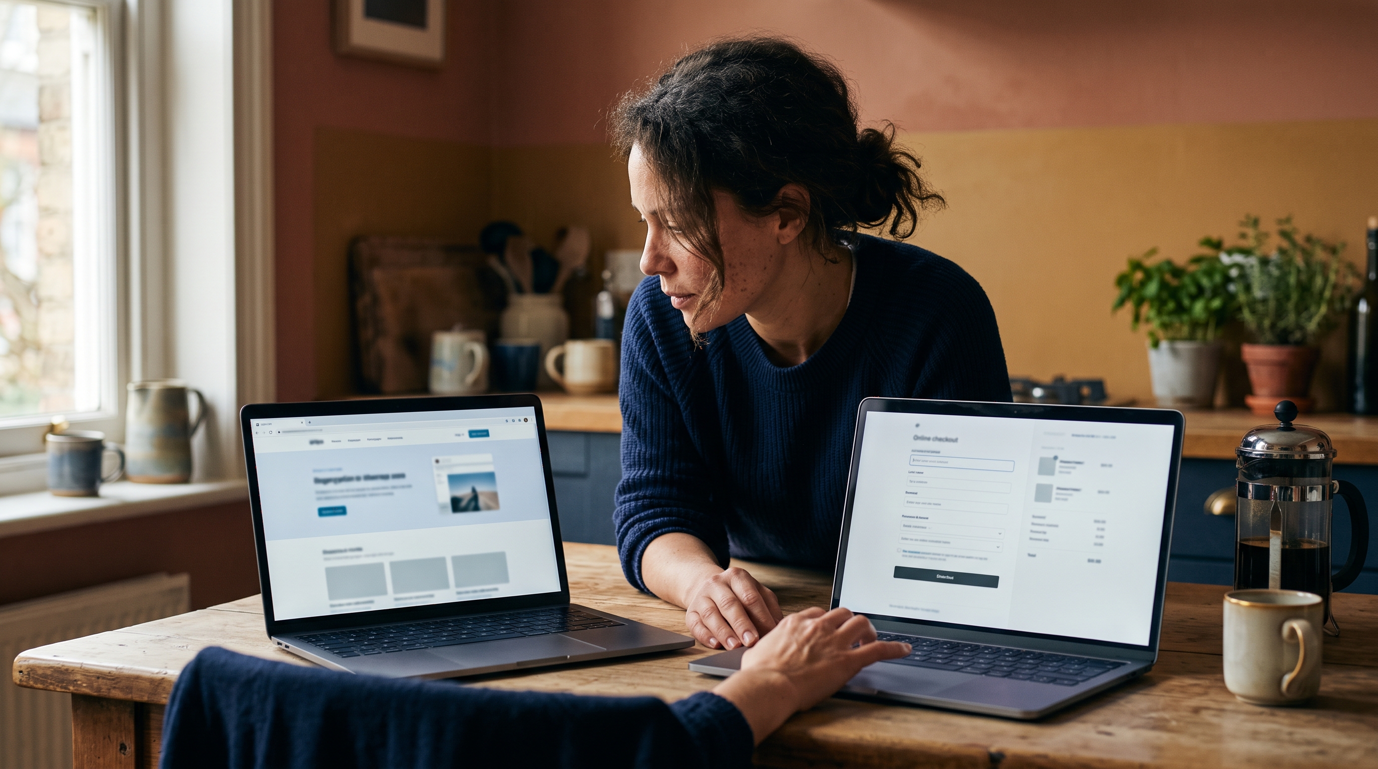 Founder comparing two laptops side by side at a kitchen table, one showing a generic website and one showing an online store checkout
