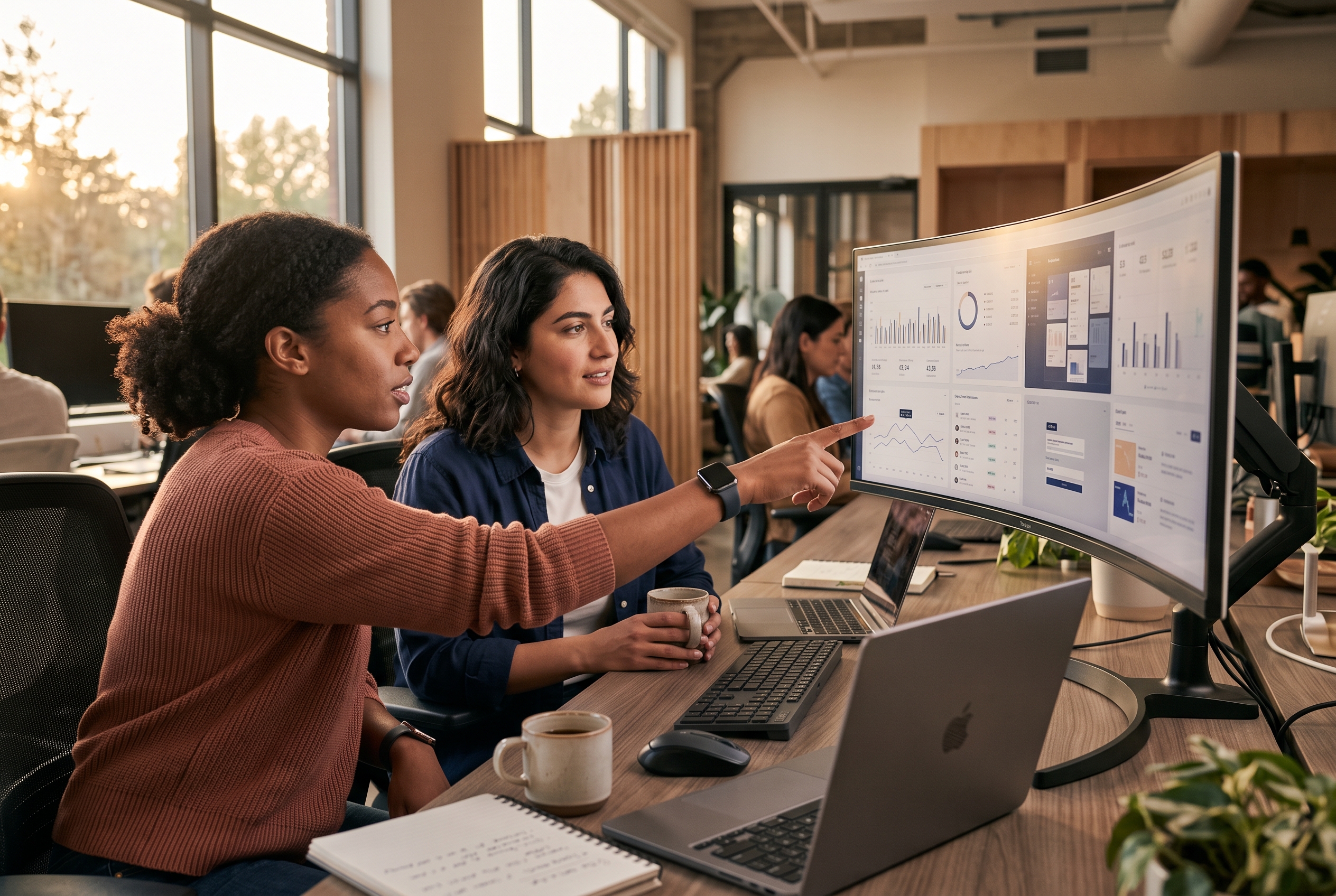 Two developers reviewing dashboards on a wide monitor in a modern office at golden hour