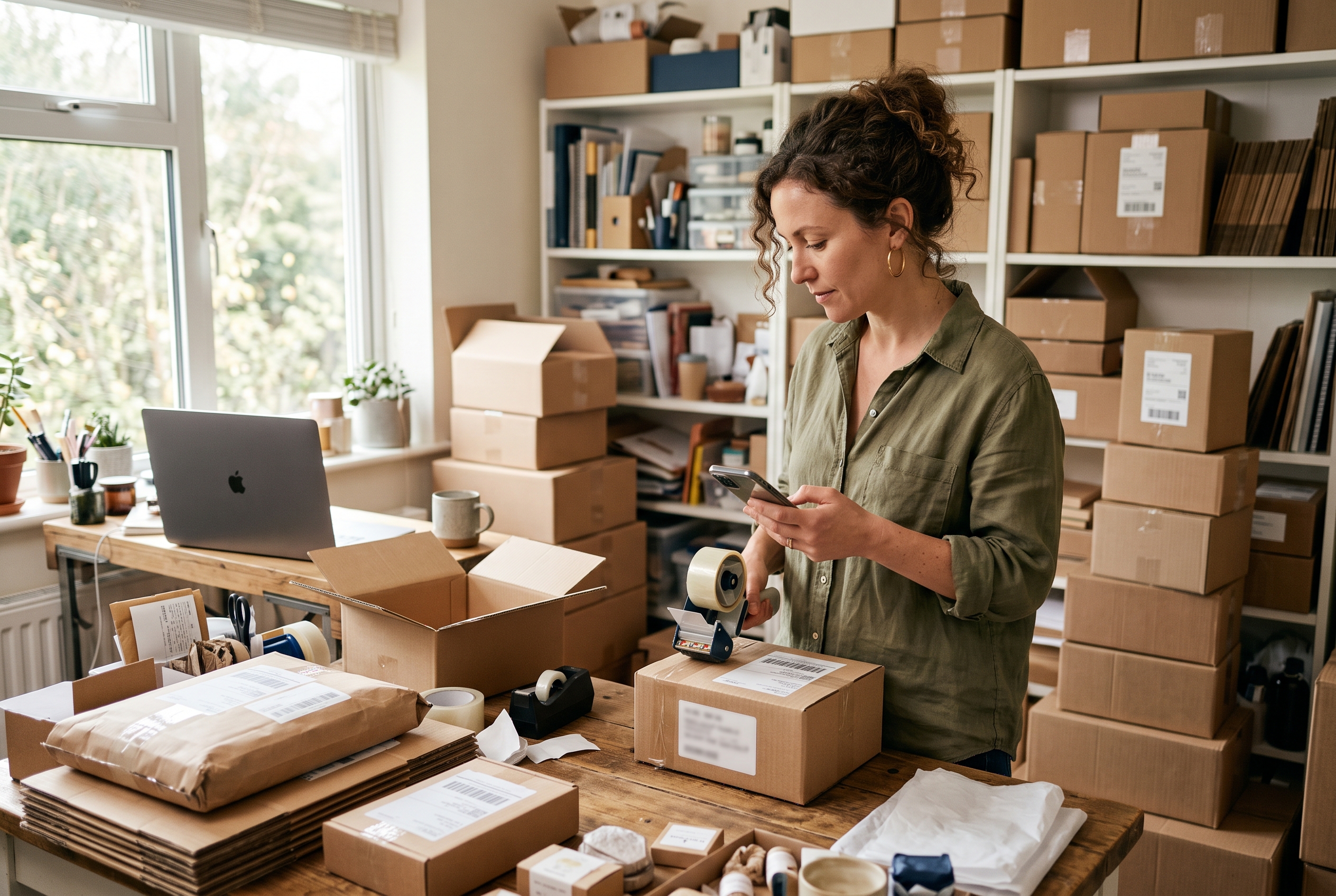 Small business owner packing orders in a home studio surrounded by shipping boxes while checking a phone