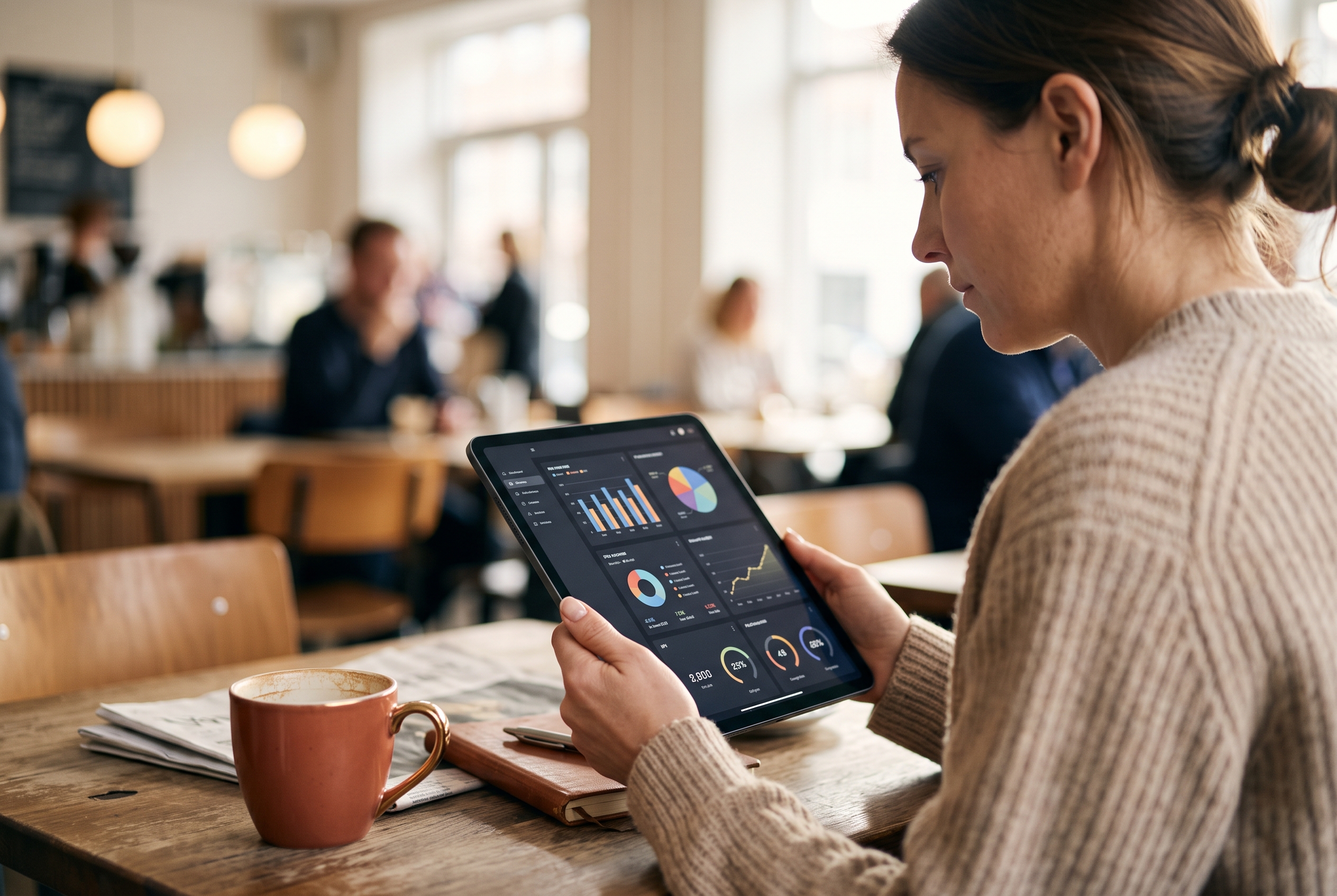 Entrepreneur reviewing store analytics on a tablet over morning coffee in a bright cafe