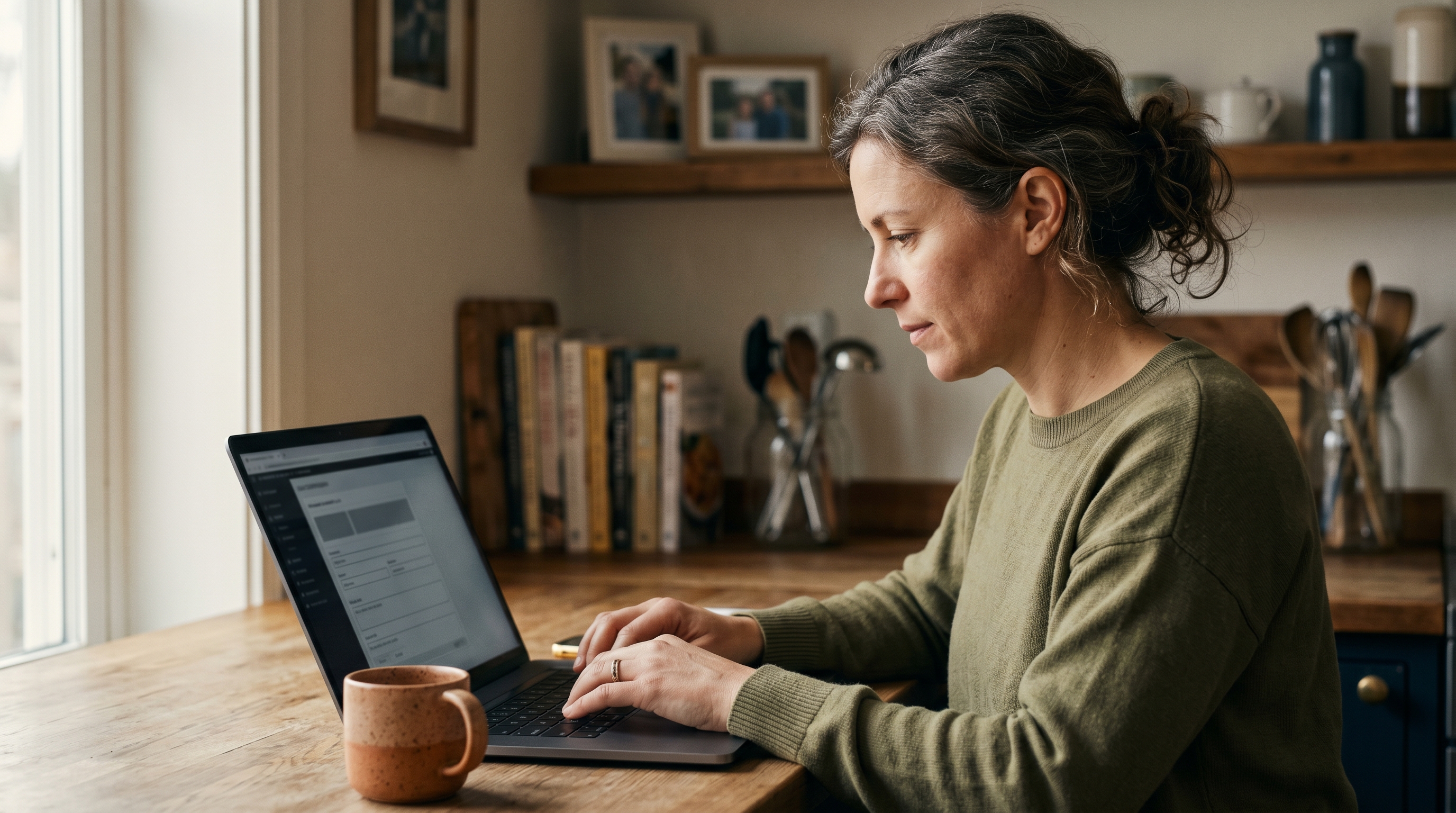 Small business owner typing a store description into a laptop at a kitchen table with a coffee mug nearby