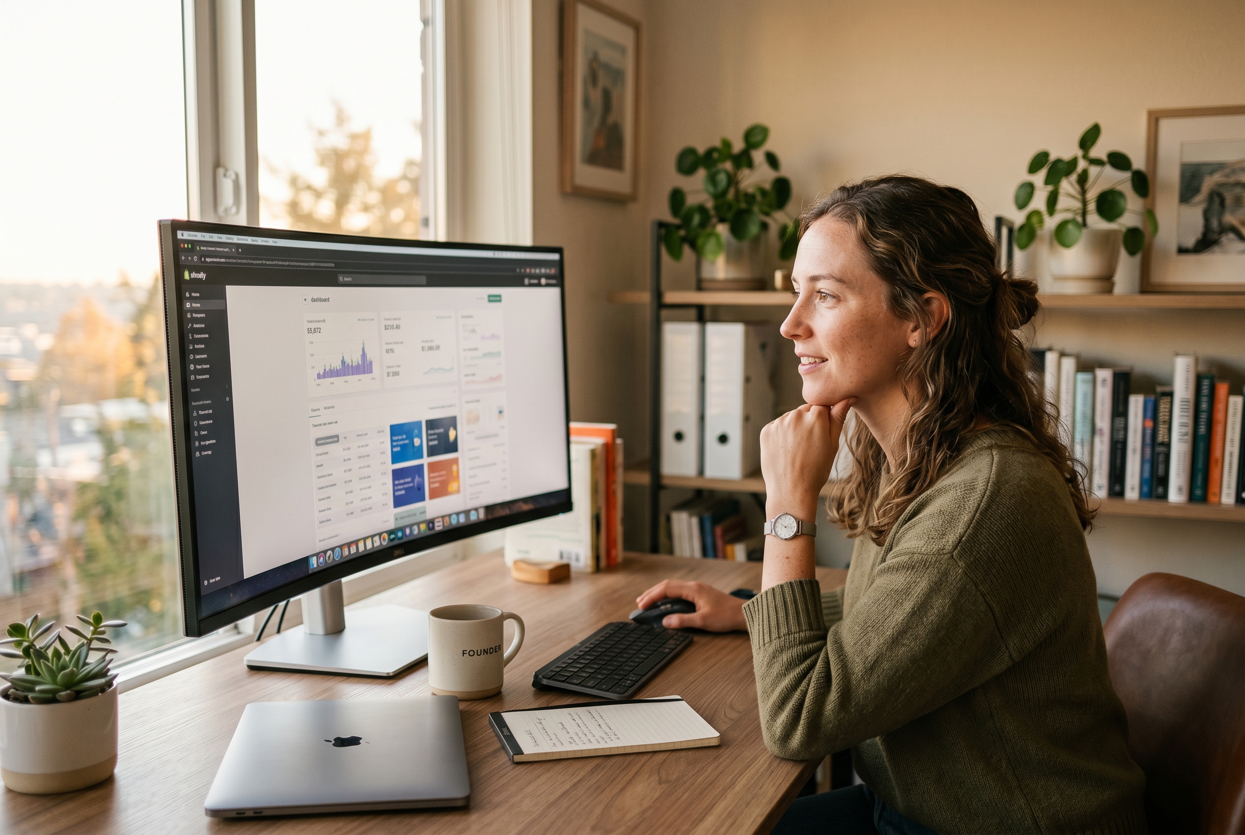 Founder reviewing a freshly generated online store on a wide monitor in a bright home office at golden hour