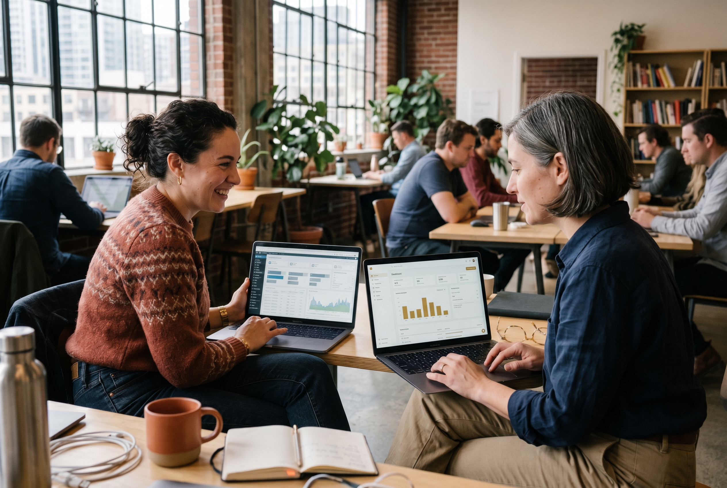 Two shop owners comparing an old cluttered admin dashboard and a clean new one on side-by-side laptops in a co-working space