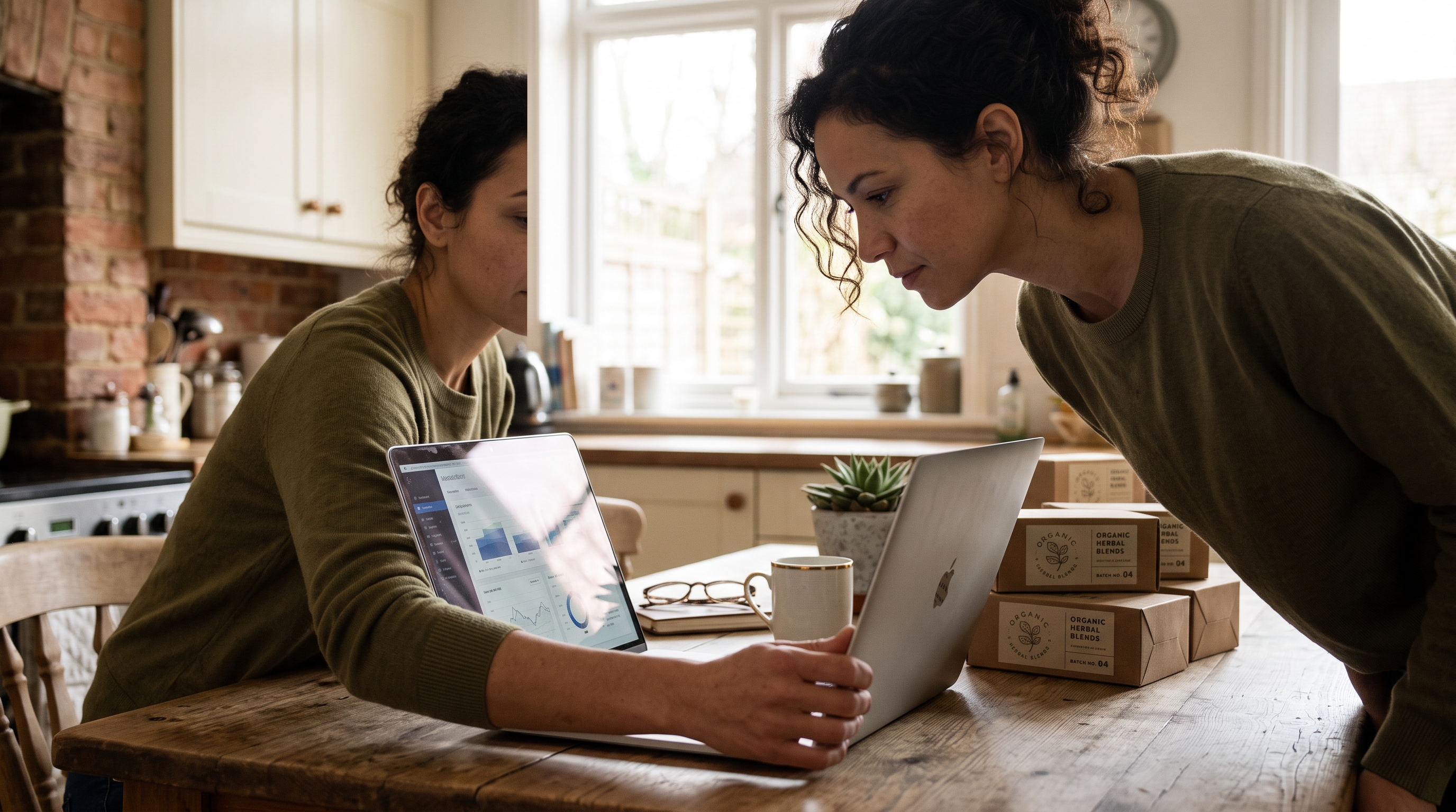 Small business owner setting up a laptop on a kitchen table with product boxes stacked beside her in morning light