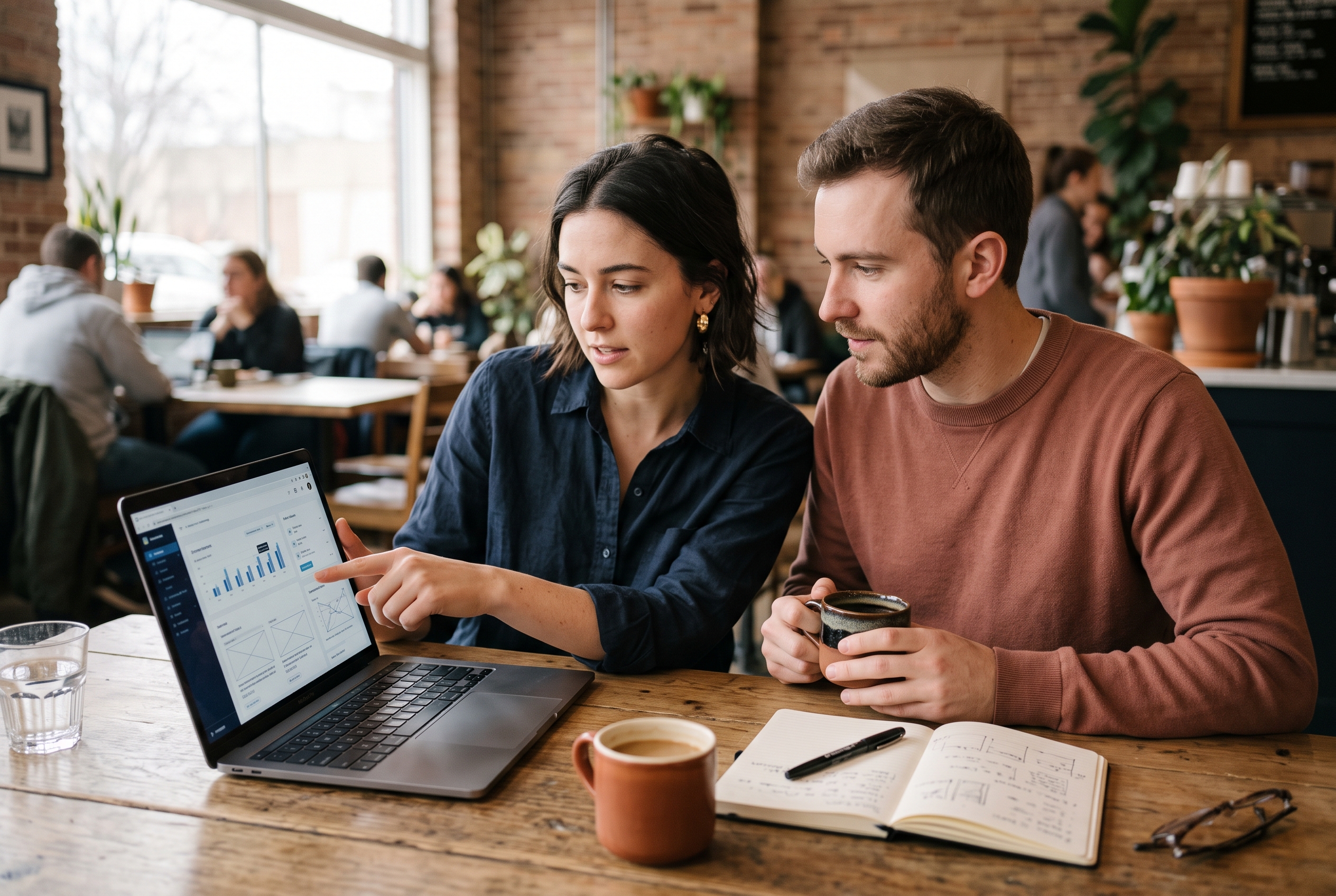 Two founders comparing store setup options on a laptop at a coffee shop table with notebooks and coffee cups