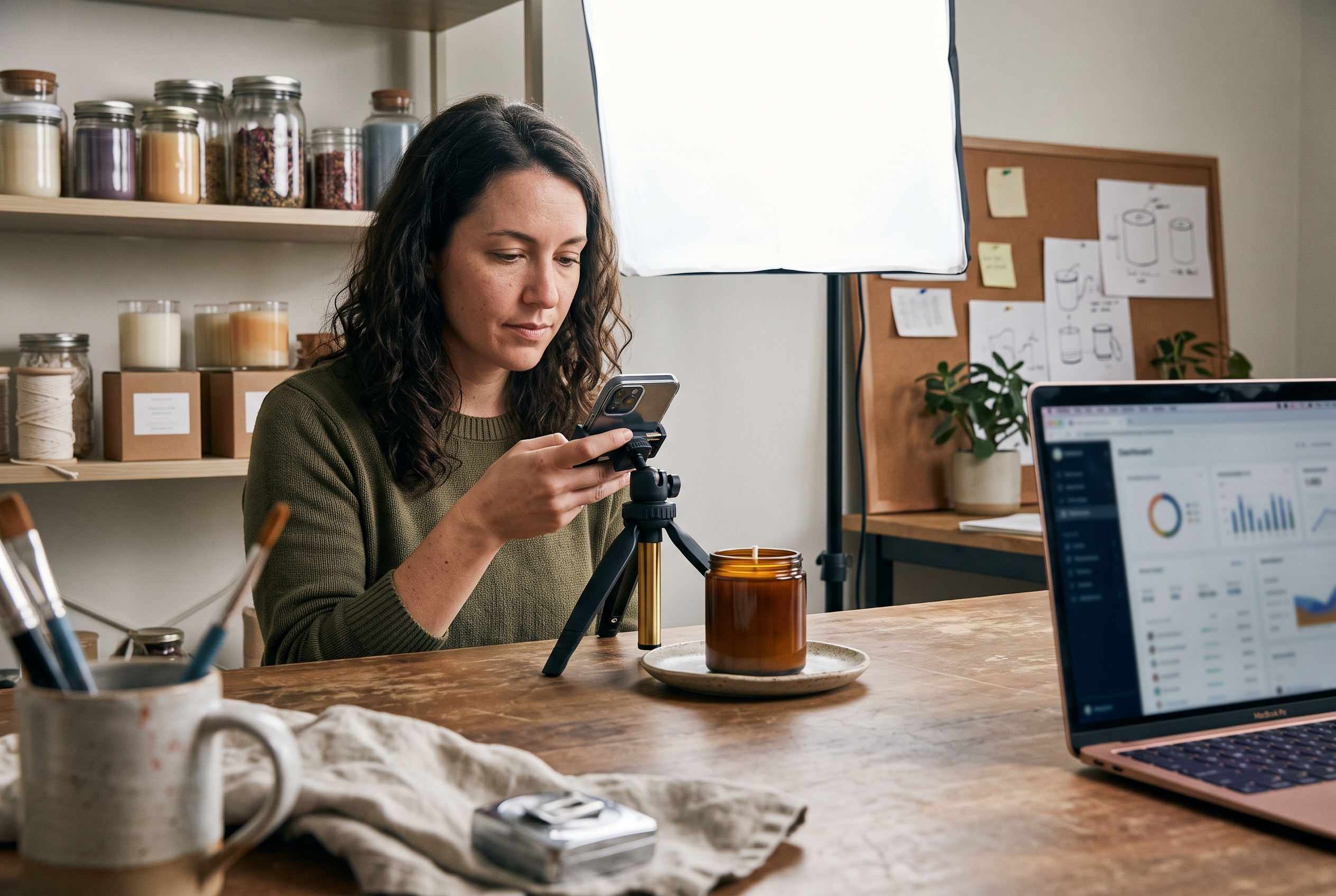 Entrepreneur photographing a handmade candle on a wooden table with a softbox light and phone on a tripod