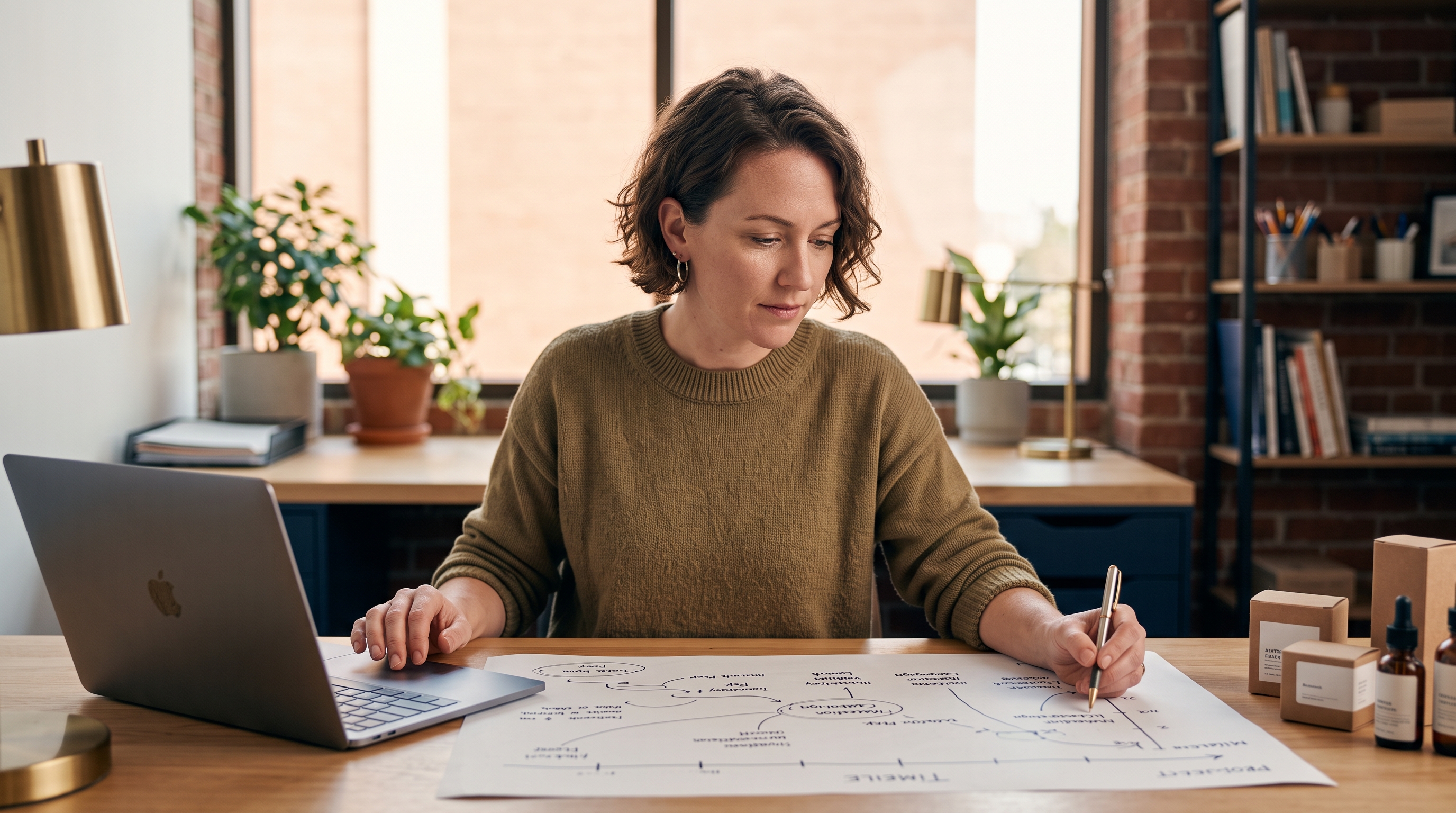 Small business owner sitting at a desk with a laptop and printed project plan, mapping out an ecommerce launch timeline