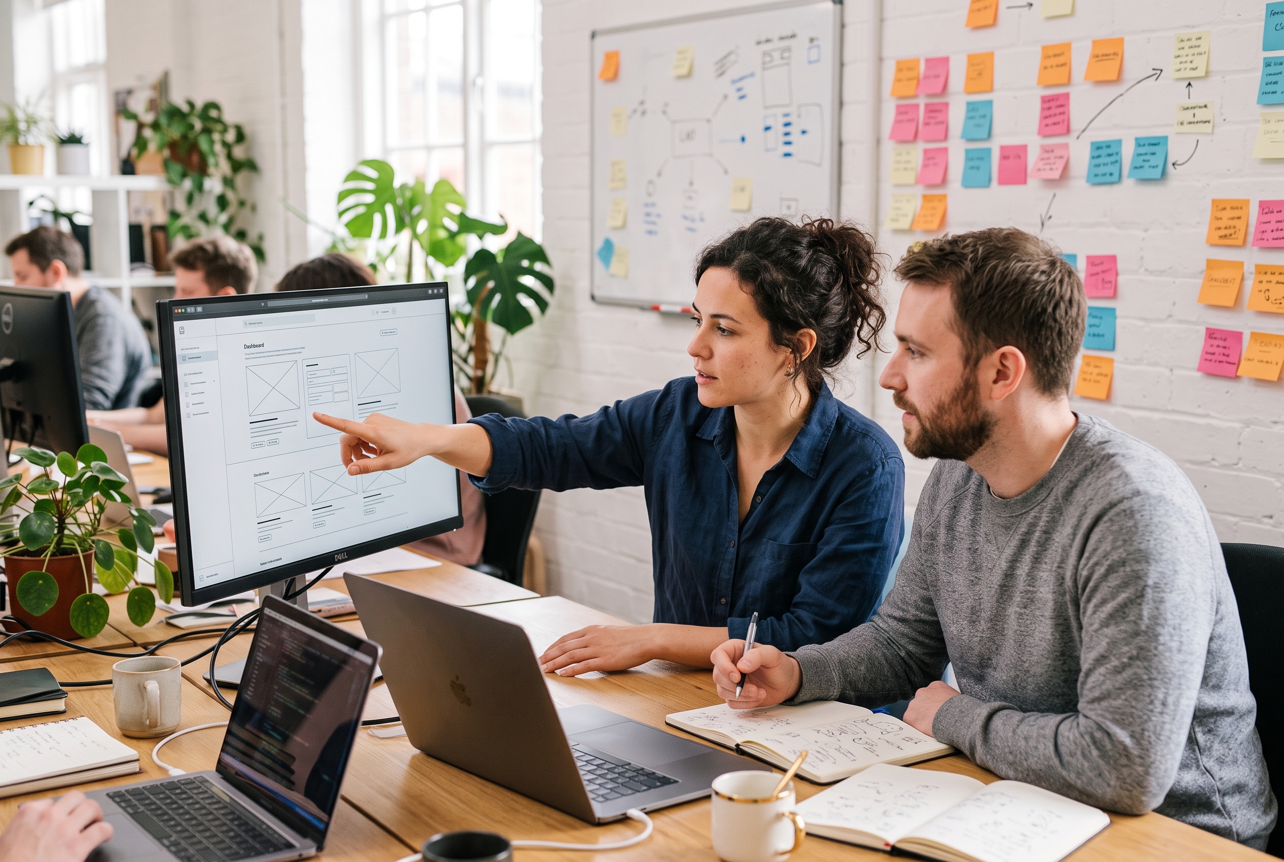 Two web developers reviewing wireframes on a large monitor in a bright studio with sticky notes on the wall