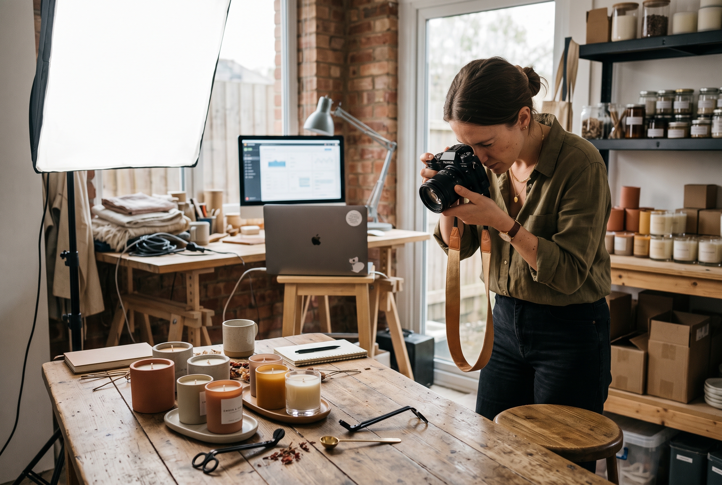 Founder photographing handmade candles on a wooden table with a softbox light, preparing product images for a new store