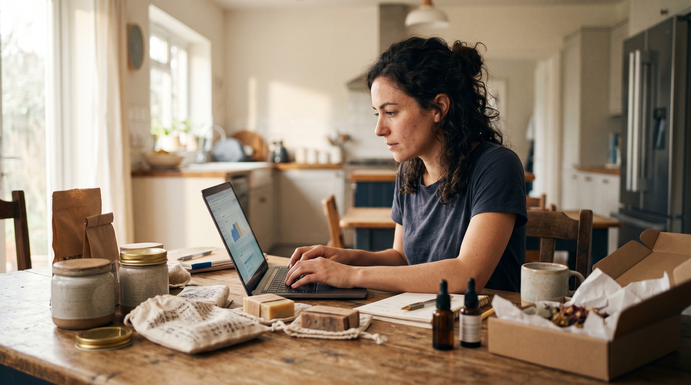 Small business owner setting up her online store on a laptop at a kitchen table surrounded by product samples