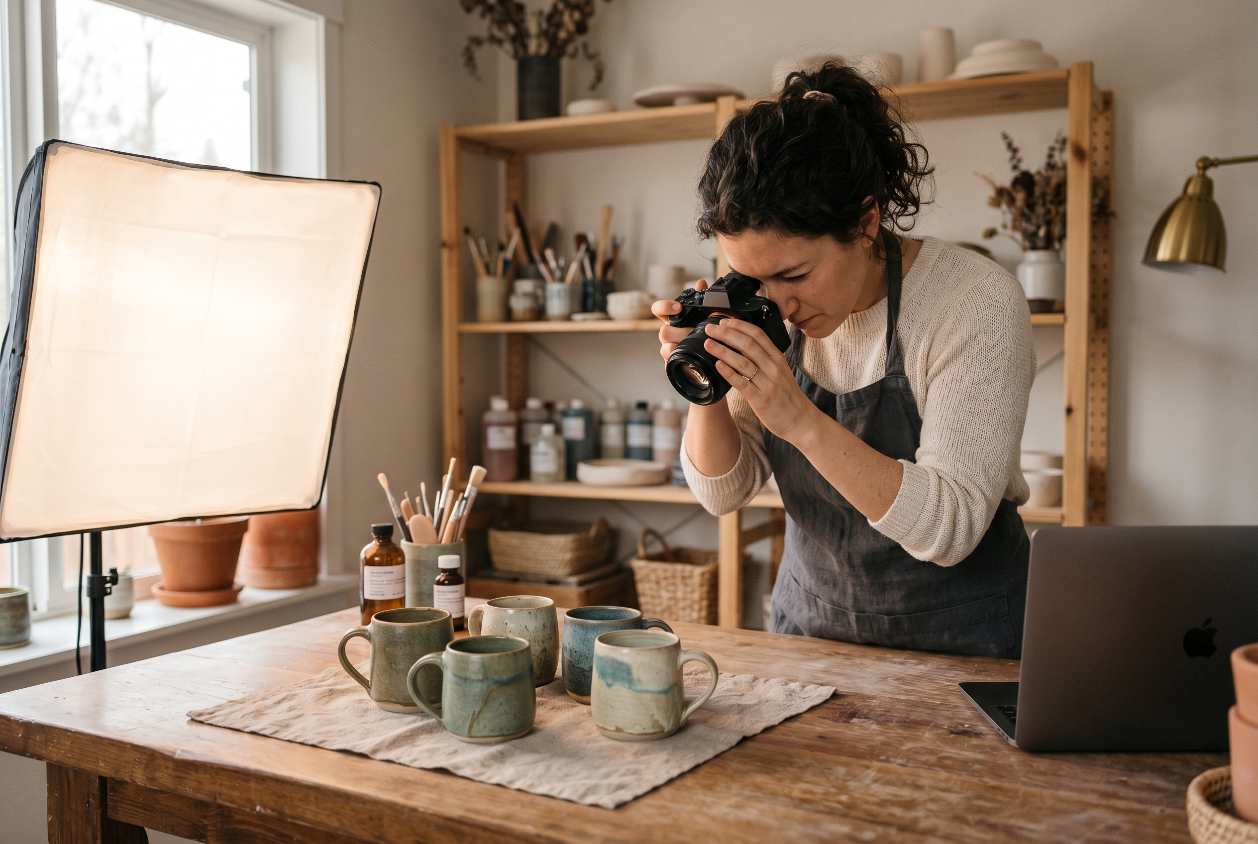 Founder photographing handmade ceramic mugs on a wooden table under a softbox light in a home studio