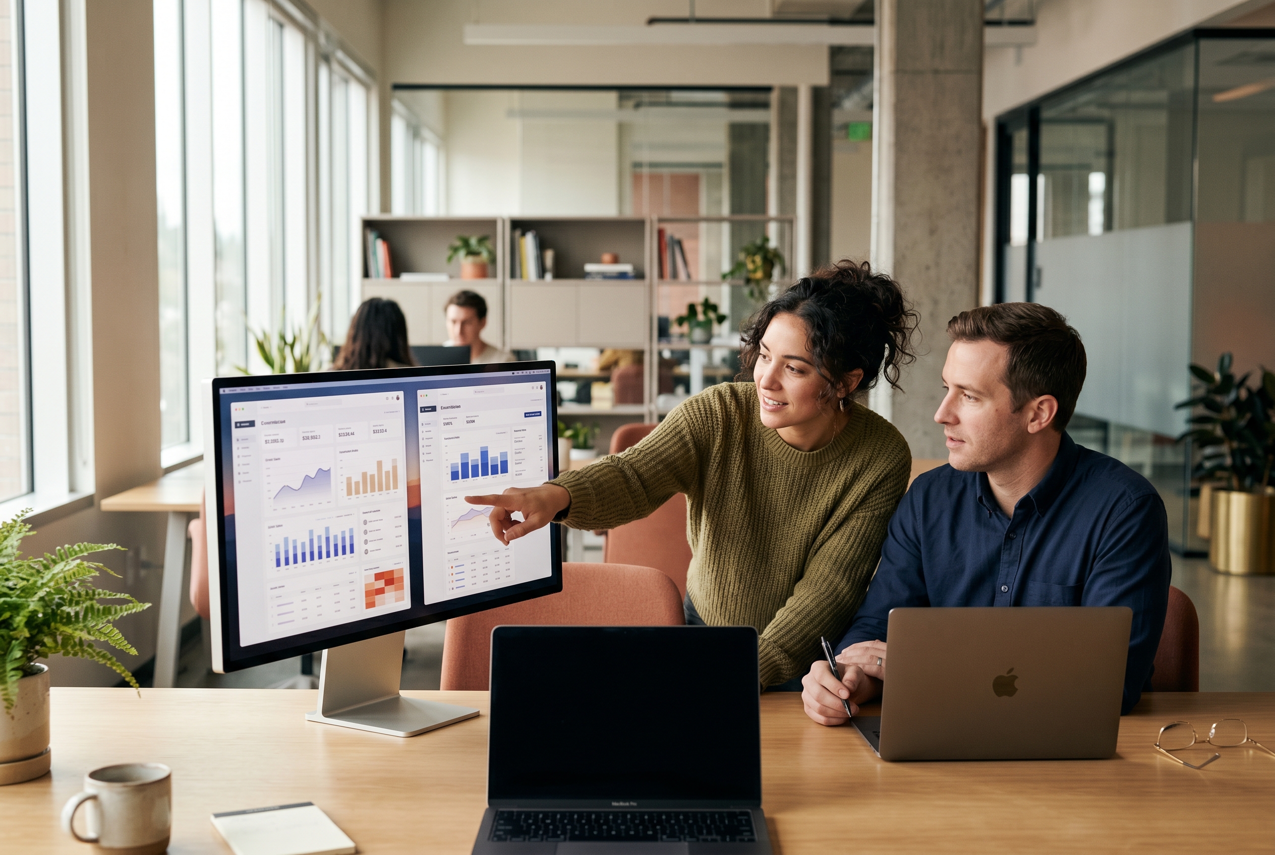 Two people comparing store dashboards side by side on a wide monitor in a bright modern office