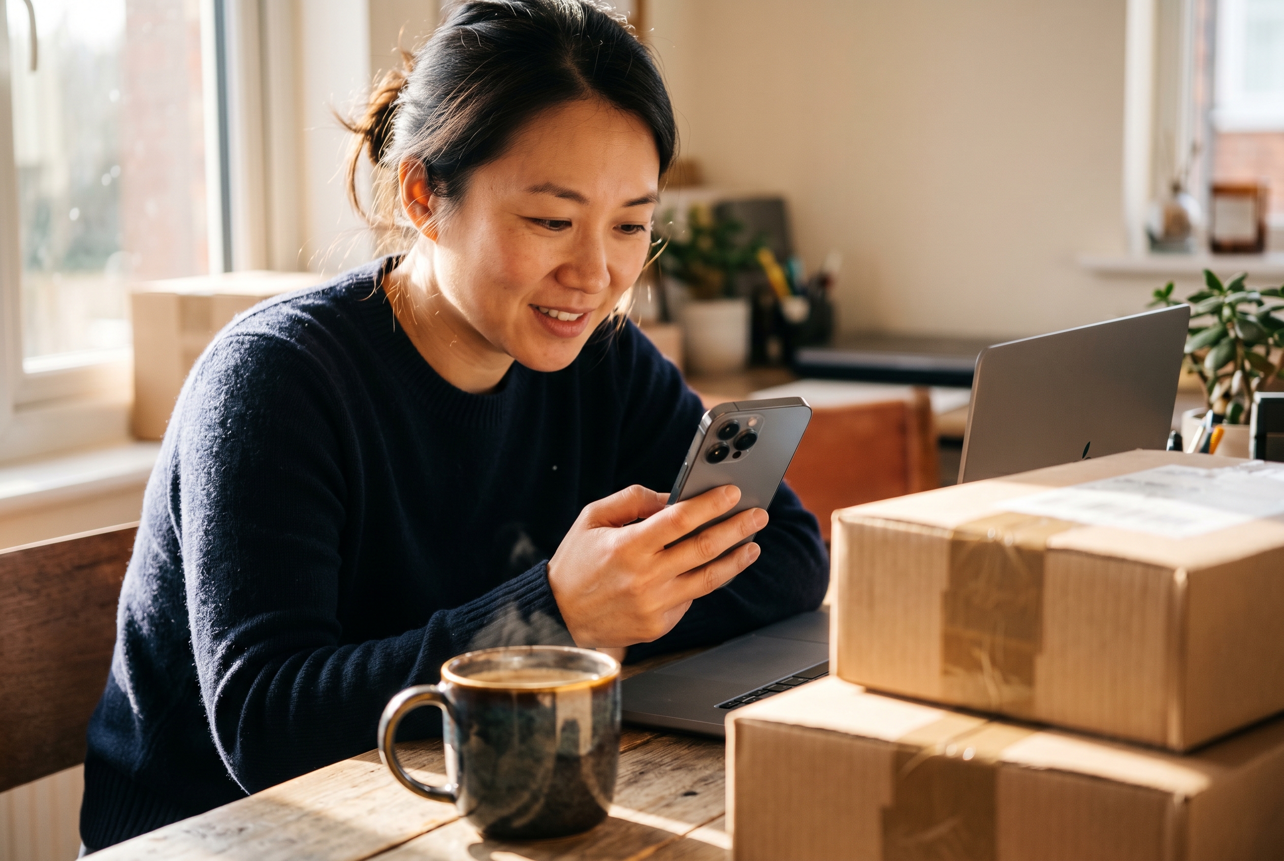Founder reviewing her first online sales on a phone over morning coffee at a sunny desk with packing boxes nearby
