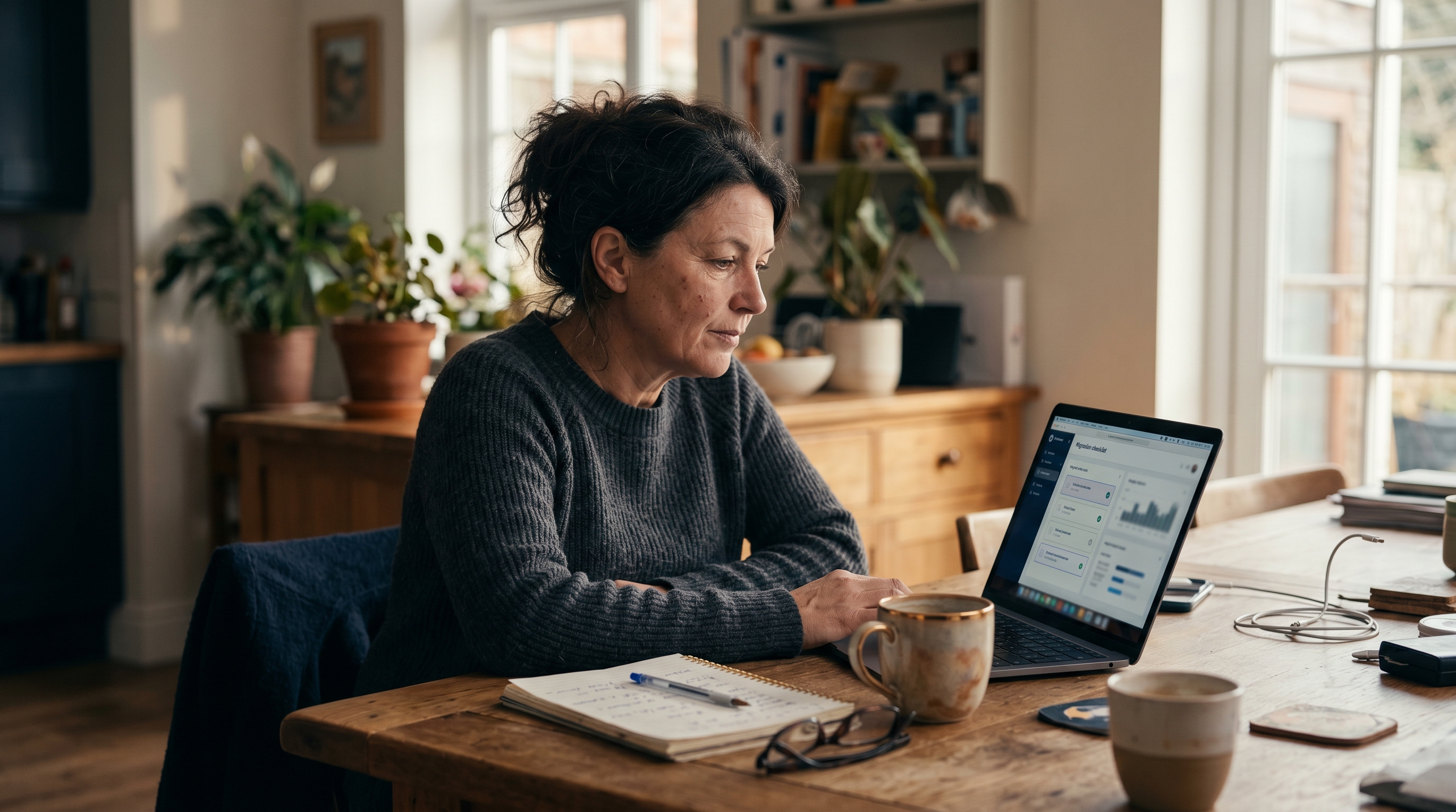Store owner reviewing a migration checklist on a laptop at a kitchen table with coffee and a notebook