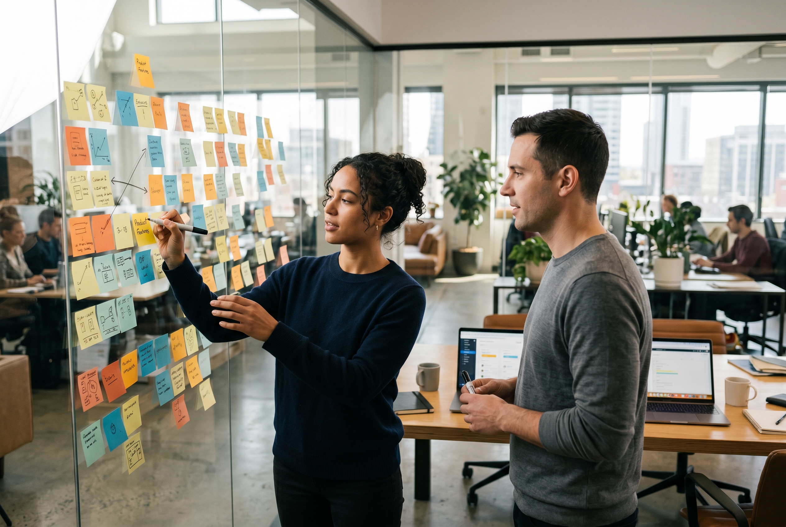 Two team members mapping out product data on sticky notes across a glass wall in a bright office