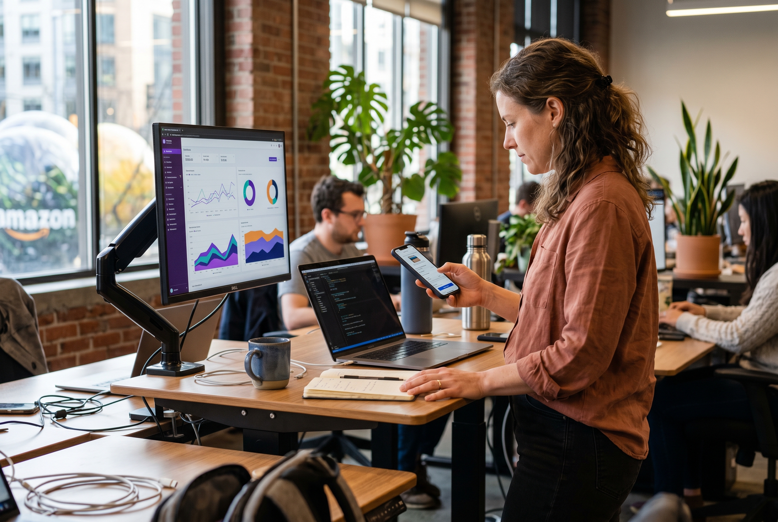 Founder placing a test order on a phone while watching a live dashboard on a second screen at a standing desk