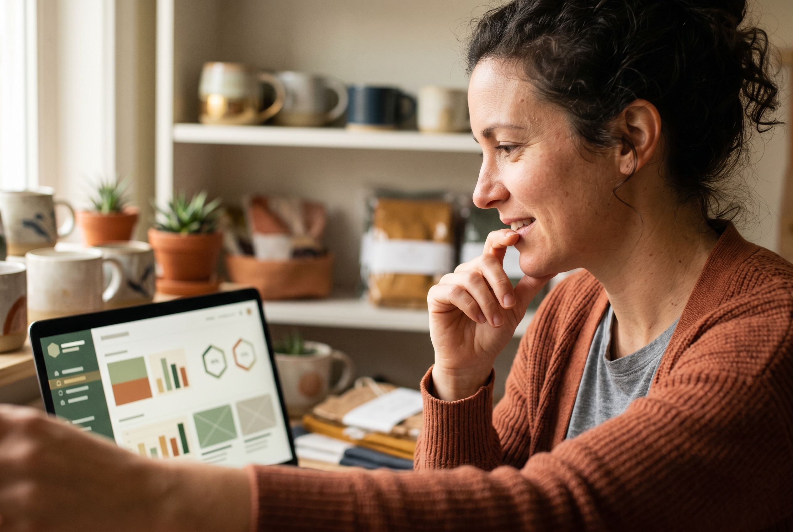 Small business owner watching her new online store assemble itself on a laptop screen in a home studio with shelves of products behind her