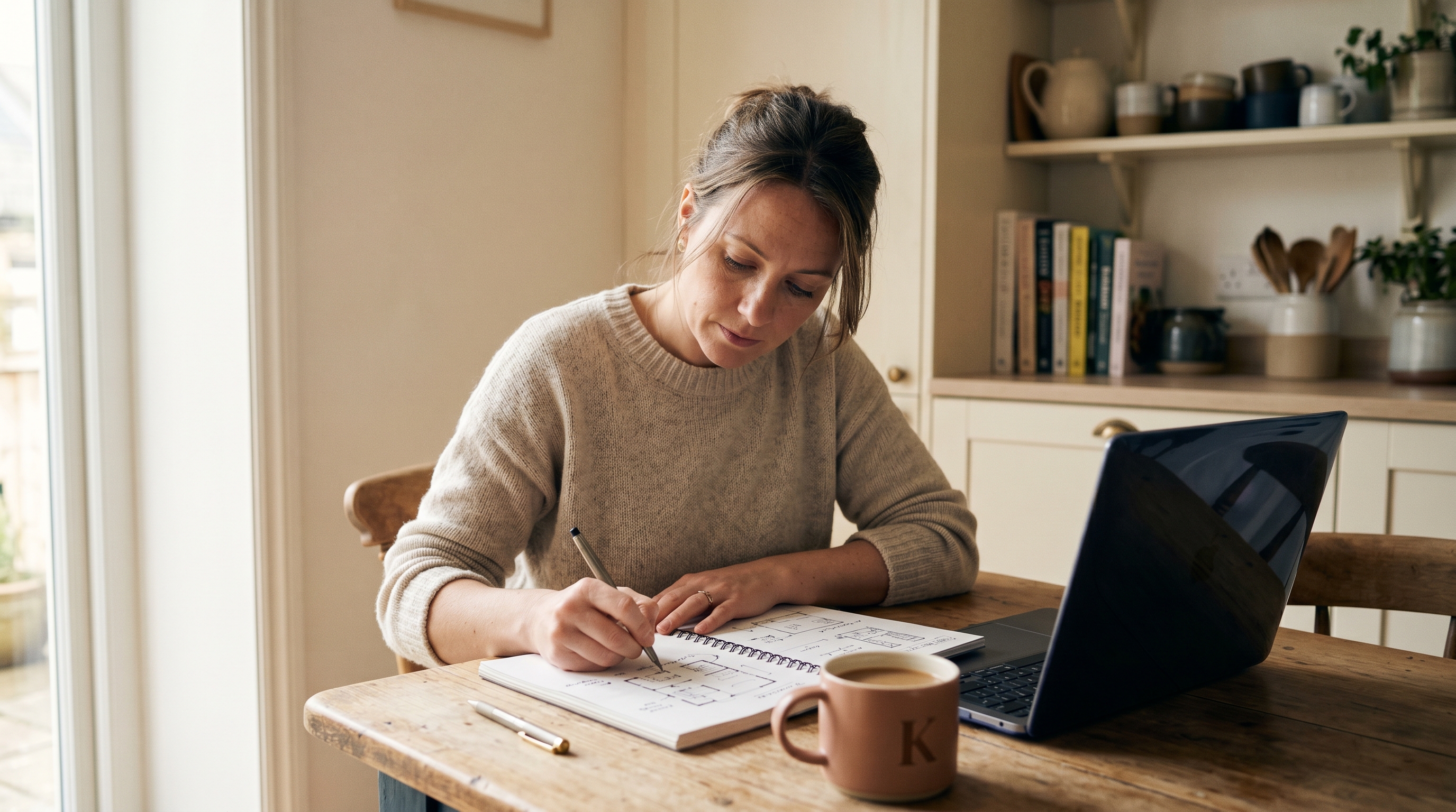 Founder at a kitchen table sketching a store layout in a notebook beside an open laptop and a coffee mug