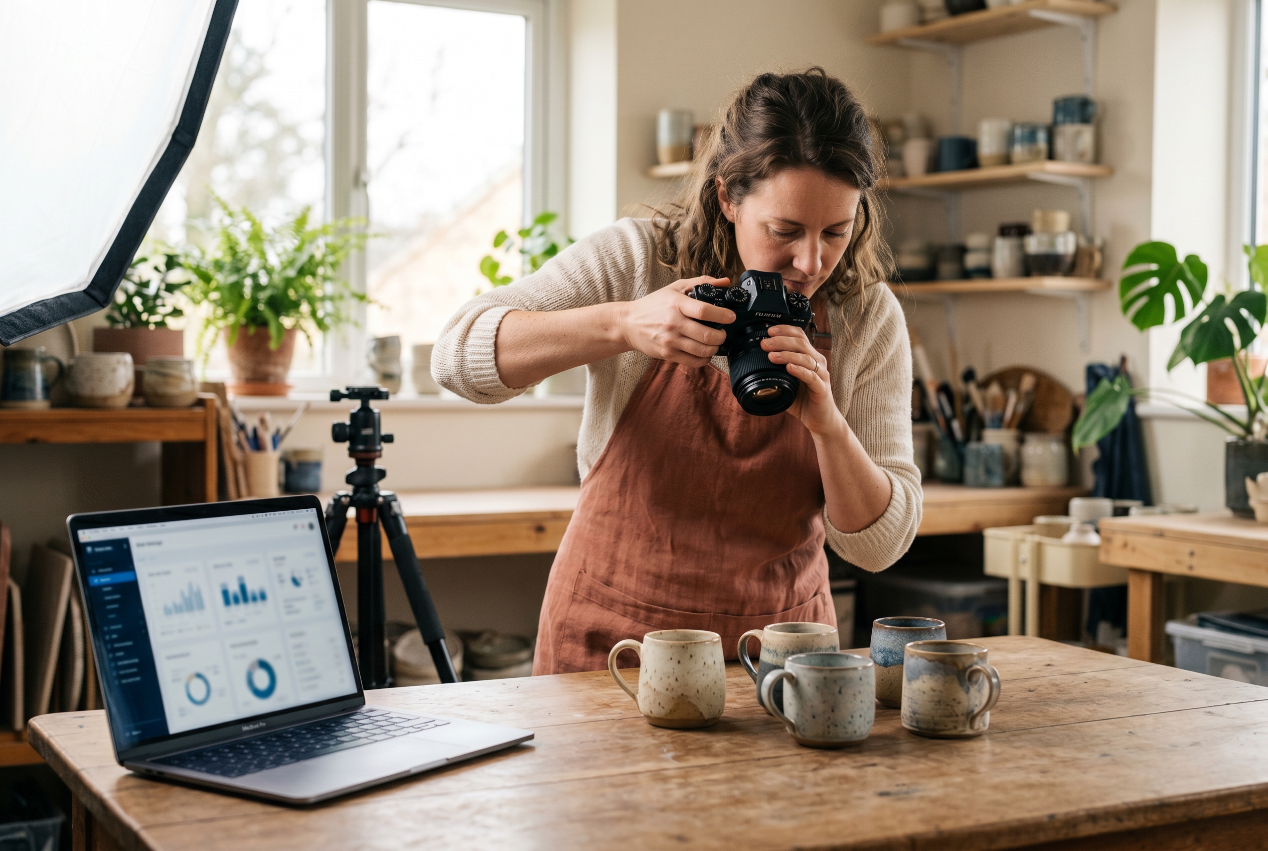 Small business owner photographing handmade ceramic mugs on a wooden table under a softbox light in a home studio