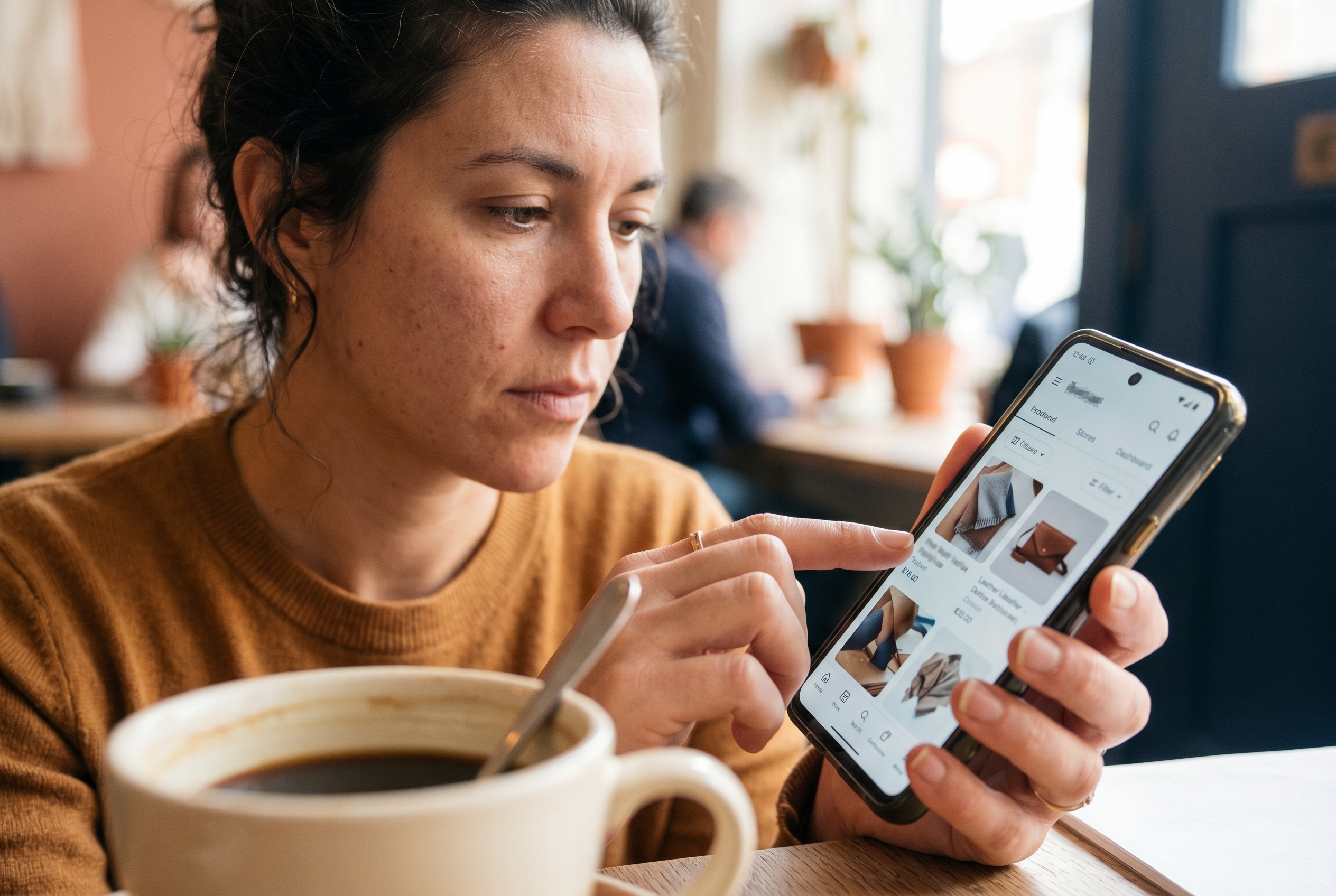 Founder reviewing her live online store on a phone over morning coffee at a sunlit cafe table