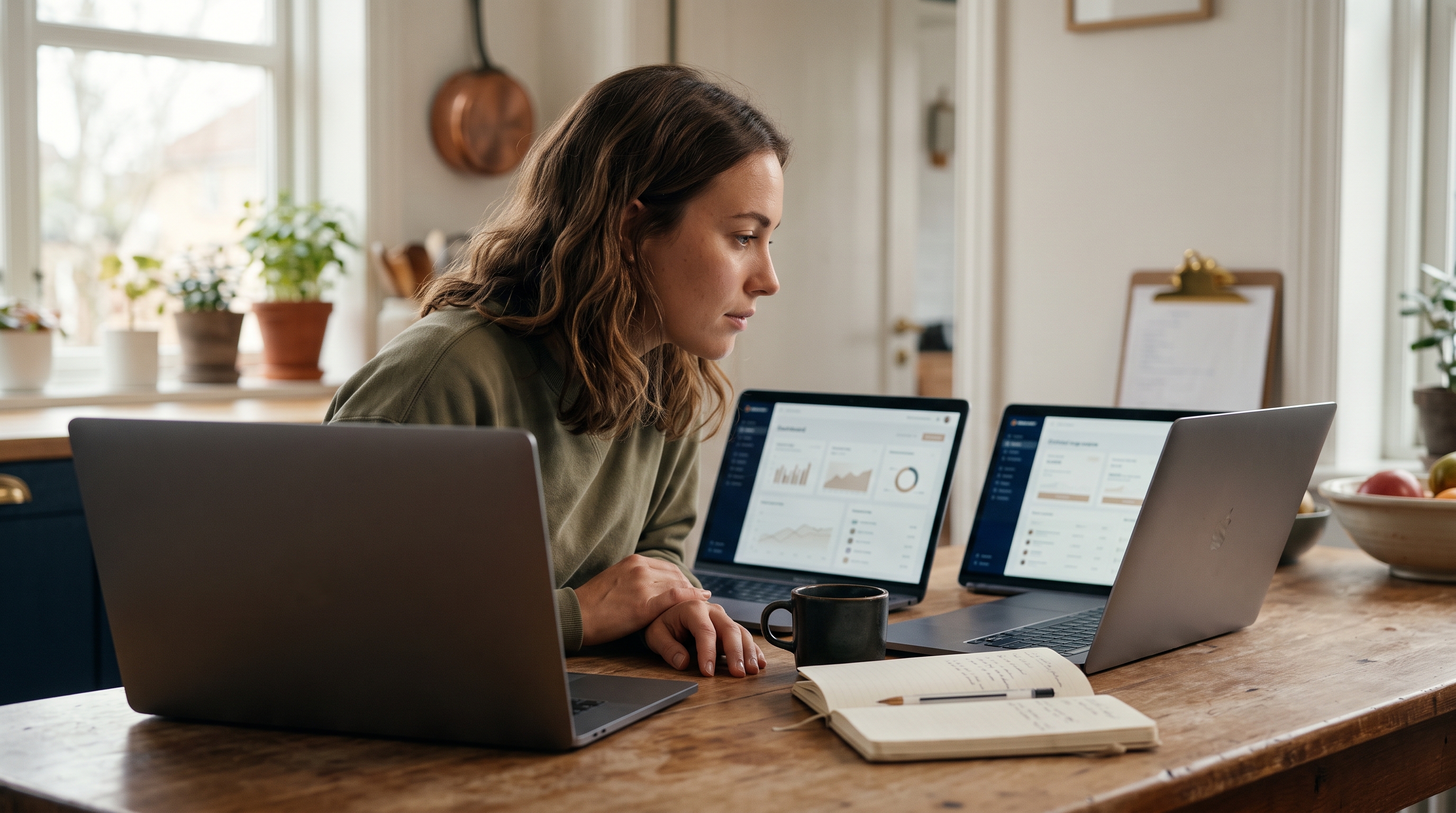 Founder comparing pricing pages on two laptop screens at a kitchen table with a coffee mug and notebook