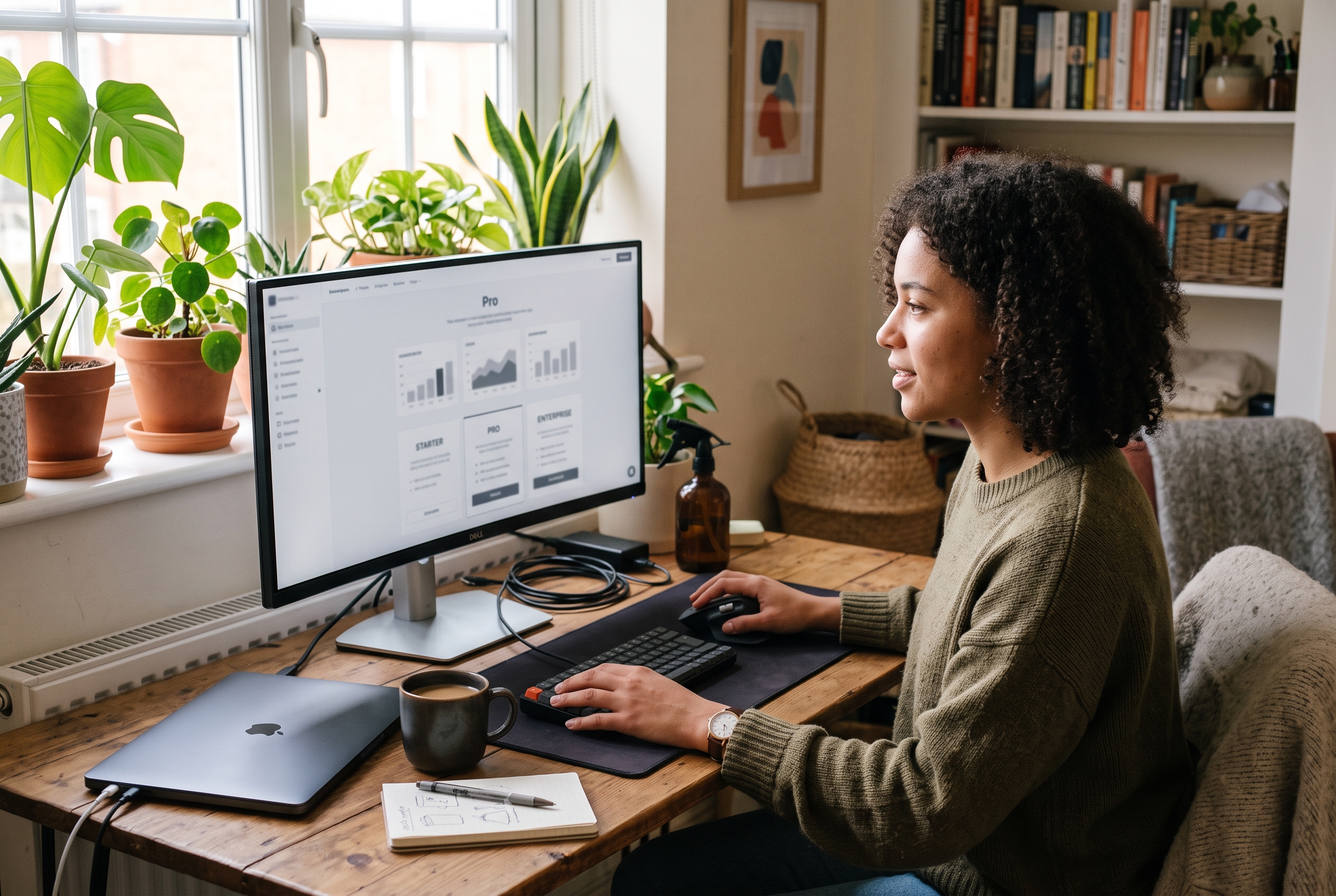 Developer scrolling through a subscription plan page on a monitor in a bright home office with plants on the windowsill