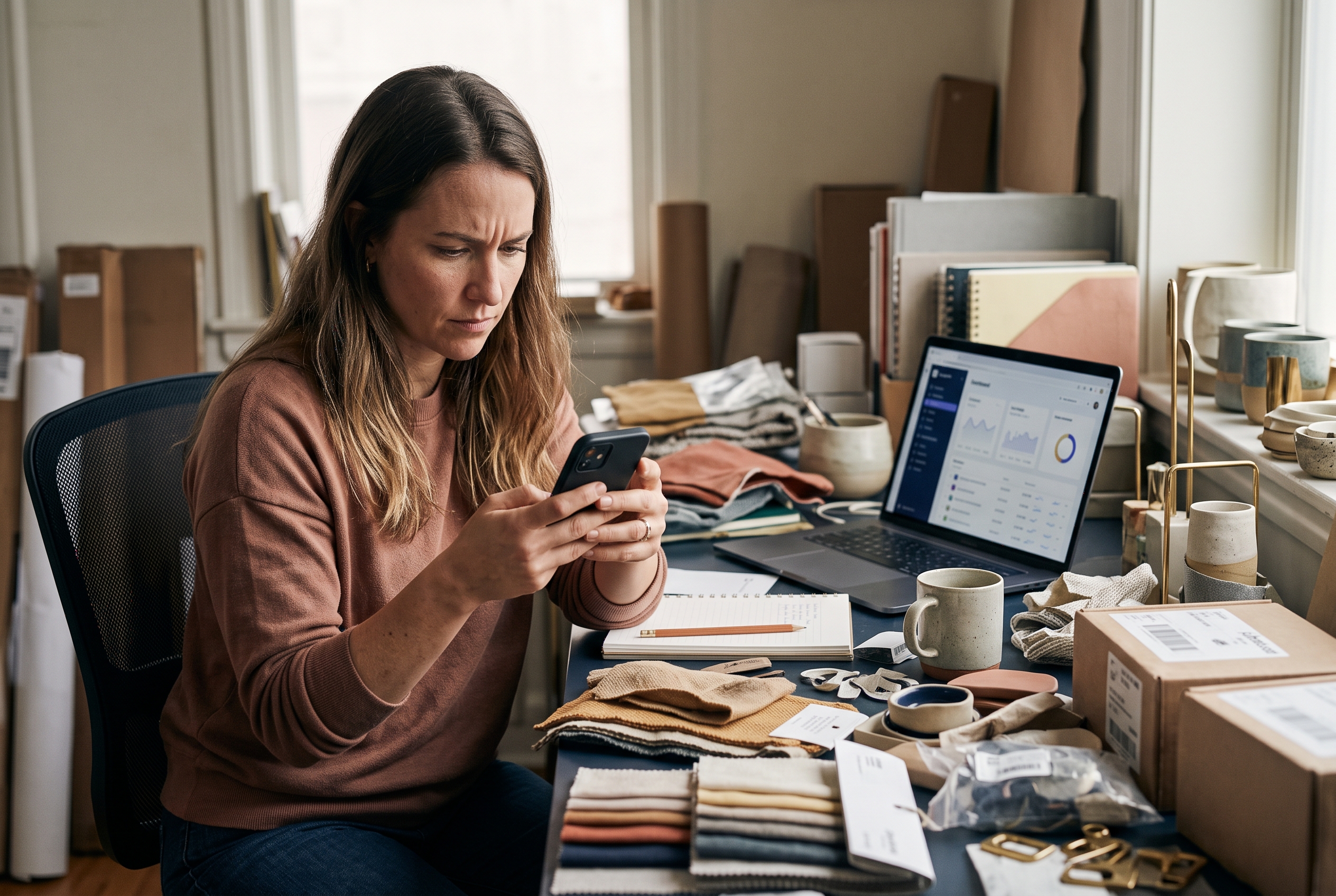 Small business owner frowning at an invoice on a phone while sitting at a cluttered desk surrounded by product samples