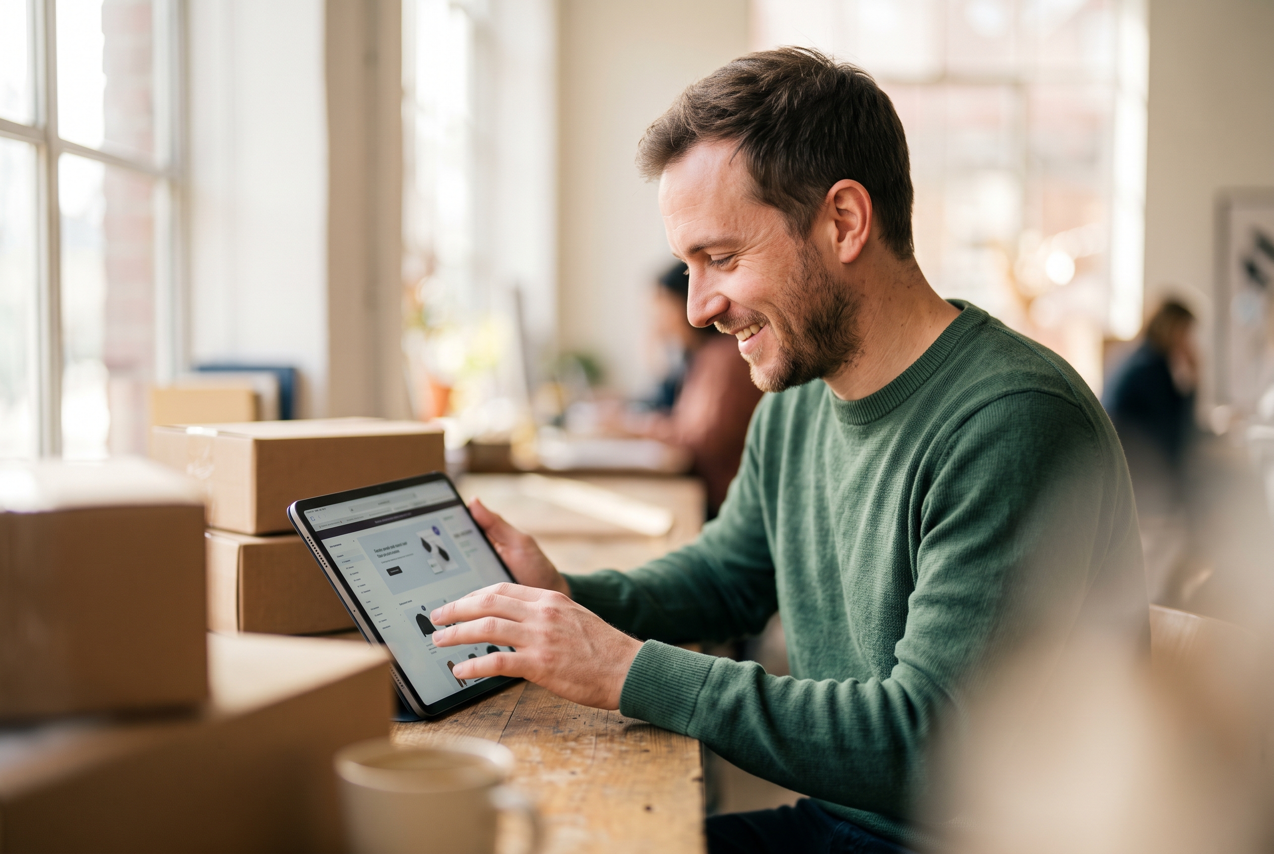 Entrepreneur smiling while reviewing a live online store on a tablet in a sunlit workspace with shipping boxes stacked nearby