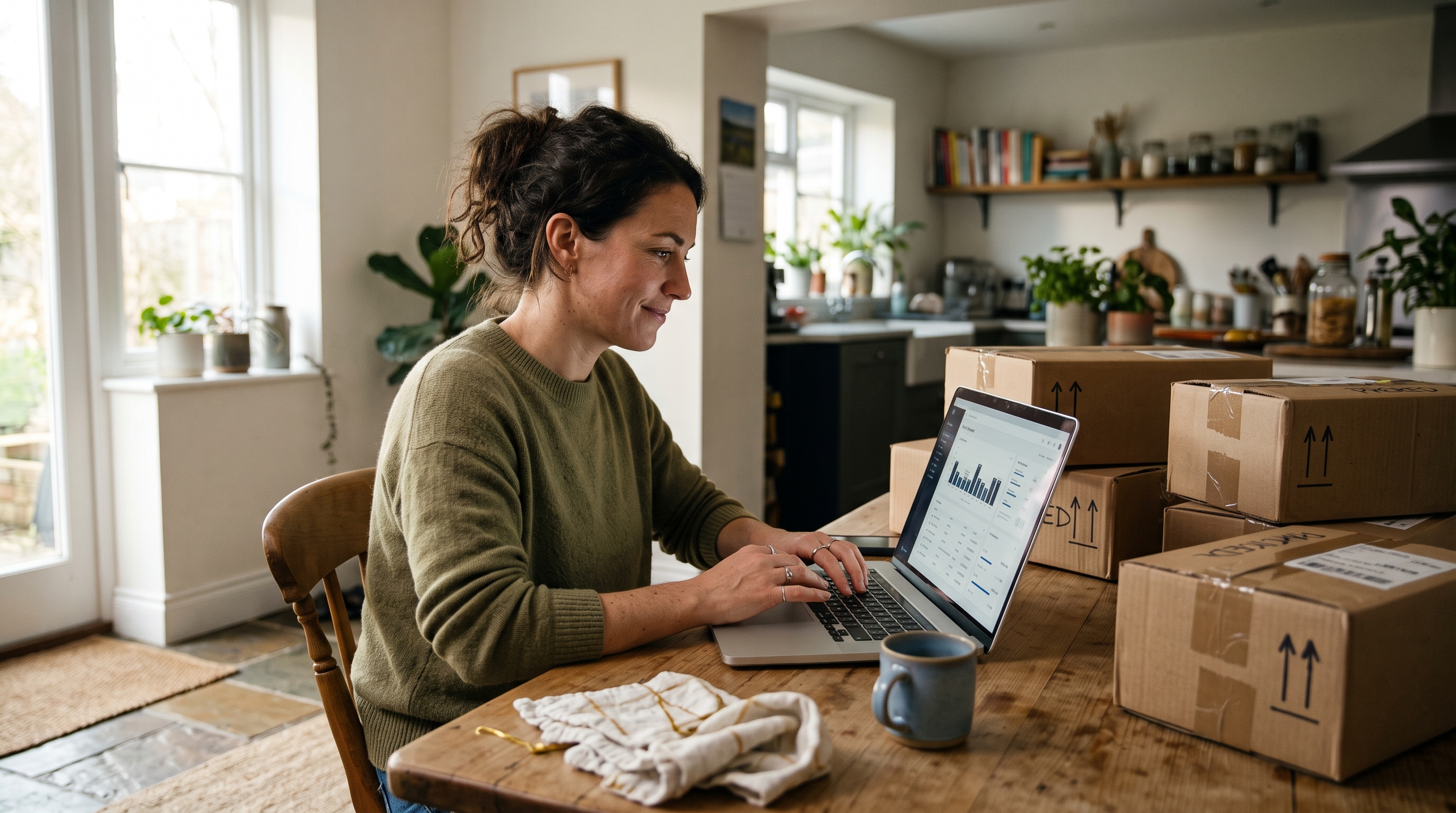 Online store owner reviewing monthly sales figures on a laptop at a kitchen table beside packed shipping boxes