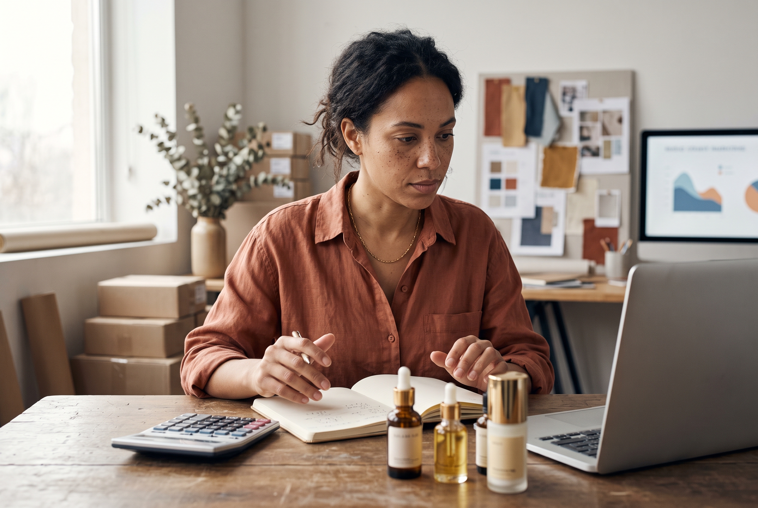 Owner of a small skincare brand calculating profit margins with a calculator and notebook next to product samples